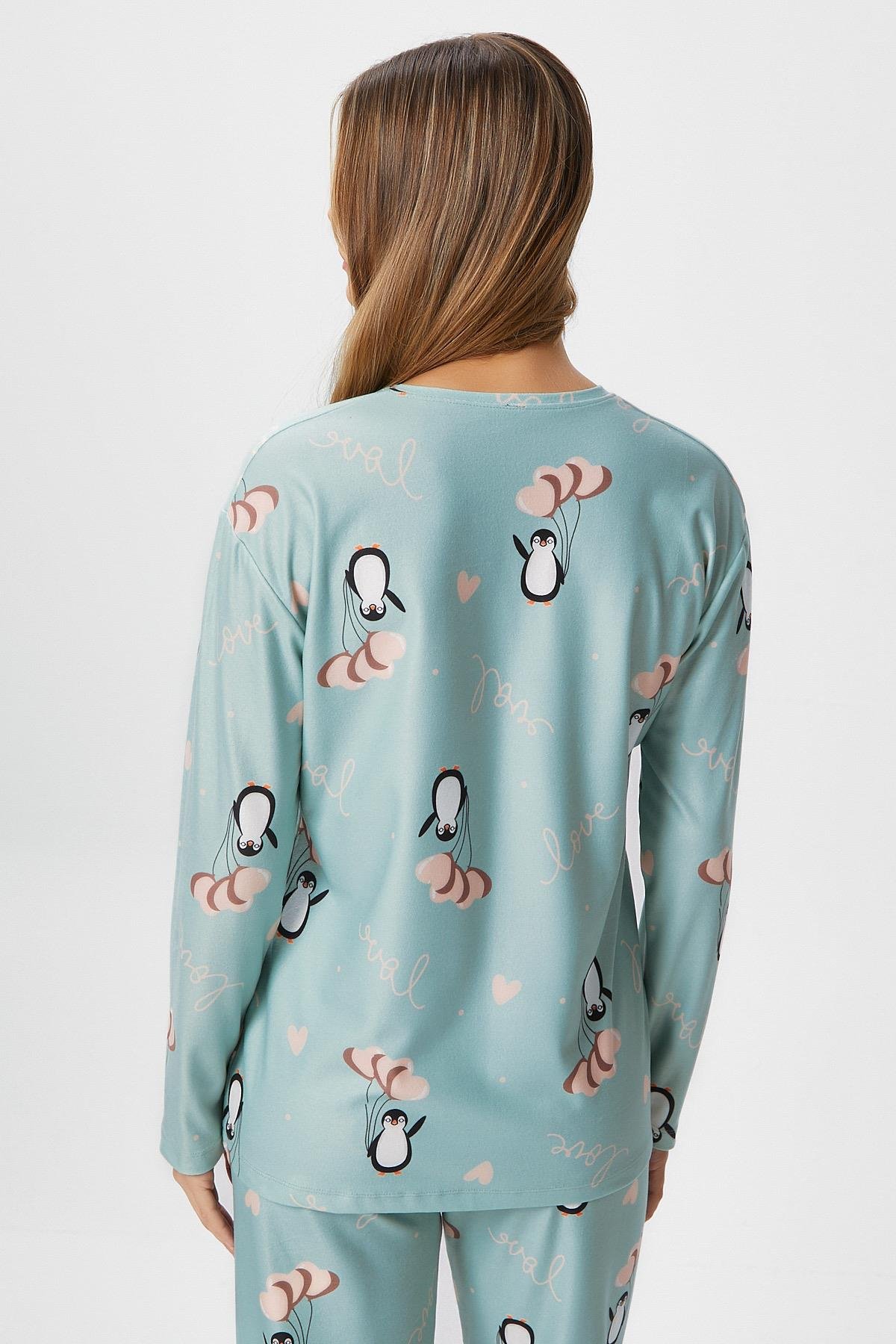 Kadın Ely Premium Bisiklet Yaka Mint Penguen Süet Doku Yılbaşı Pijama Takımı