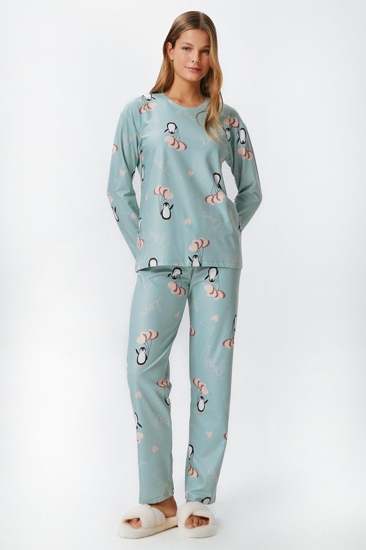 Kadın Ely Premium Bisiklet Yaka Mint Penguen Süet Doku Yılbaşı Pijama Takımı