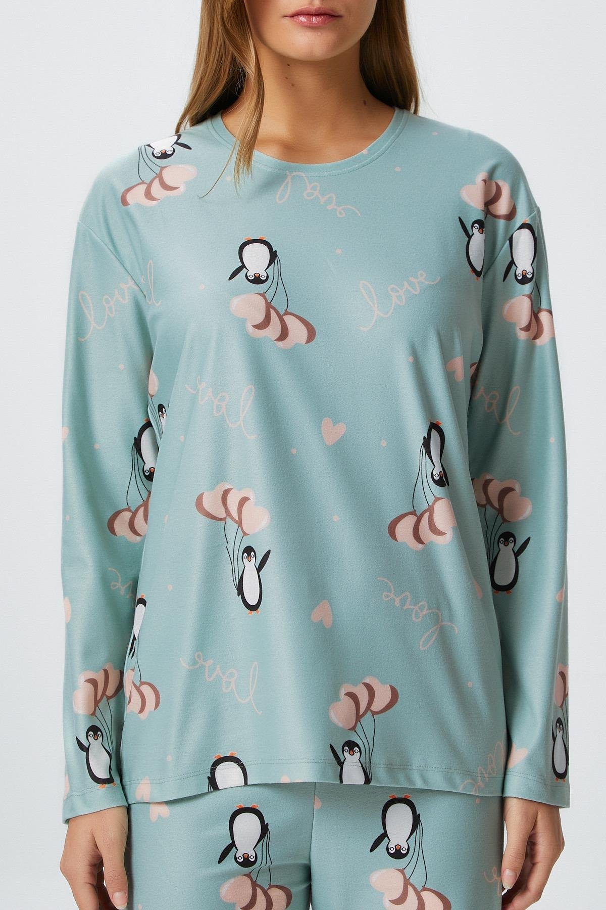 Kadın Ely Premium Bisiklet Yaka Mint Penguen Süet Doku Yılbaşı Pijama Takımı