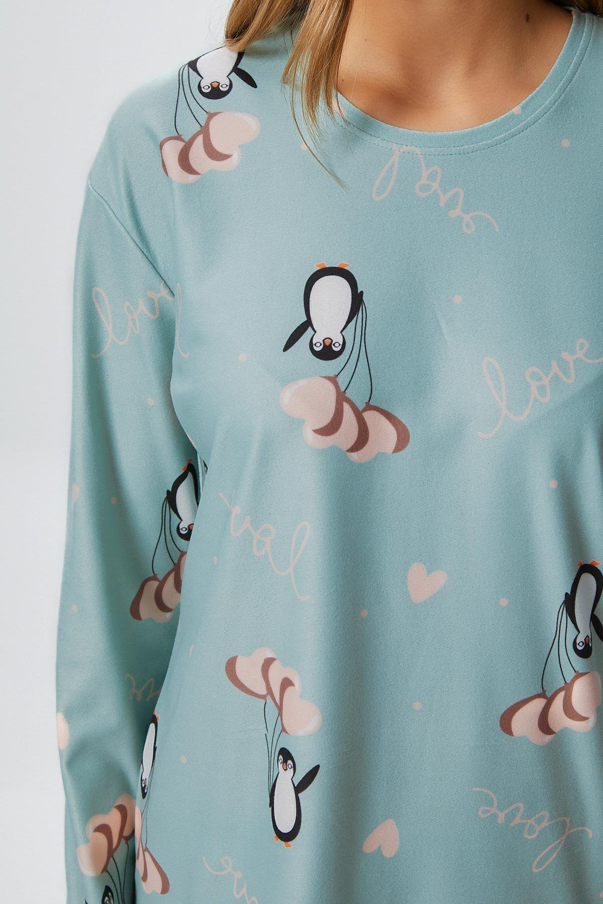 Kadın Ely Premium Bisiklet Yaka Mint Penguen Süet Doku Yılbaşı Pijama Takımı