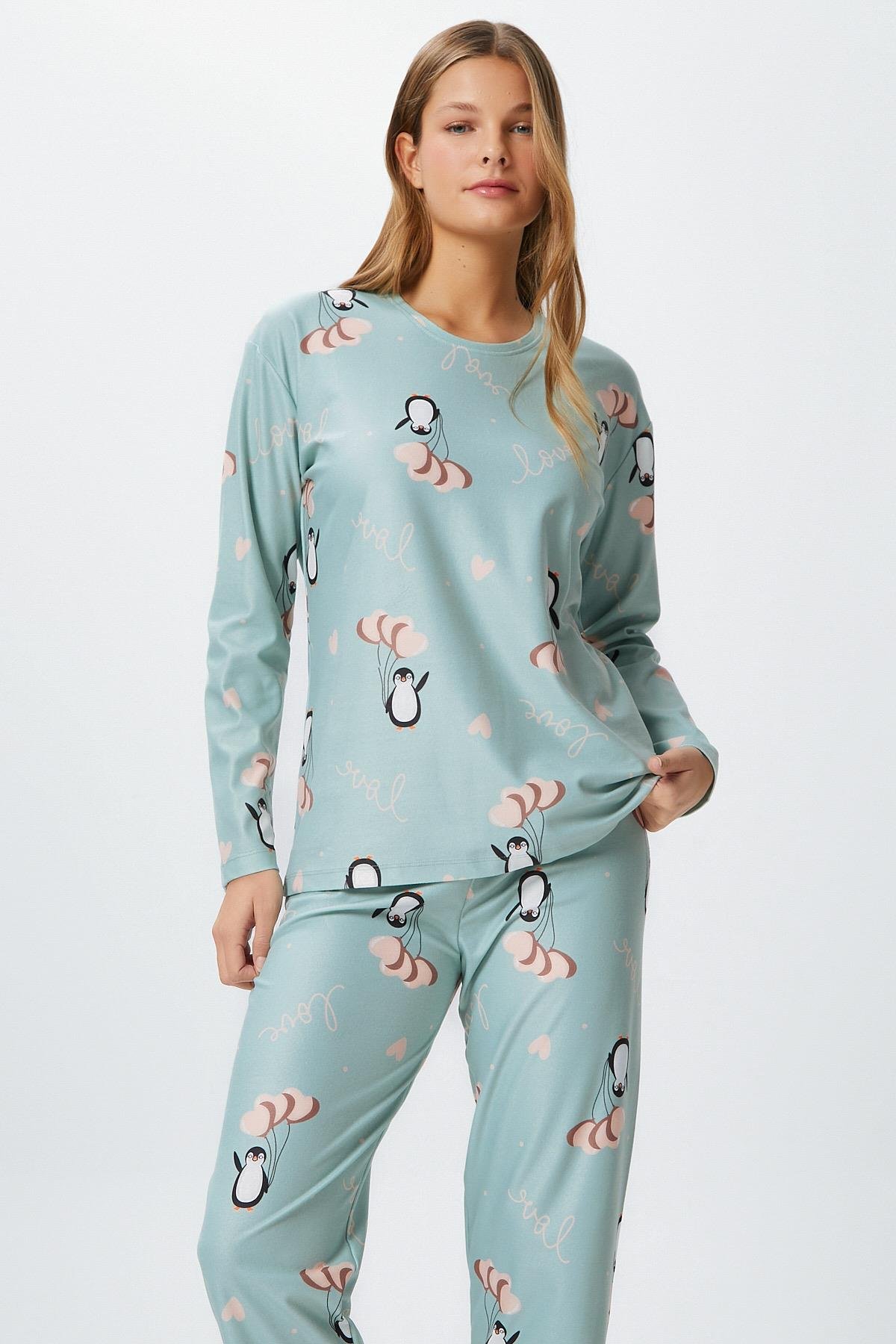 Kadın Ely Premium Bisiklet Yaka Mint Penguen Süet Doku Yılbaşı Pijama Takımı