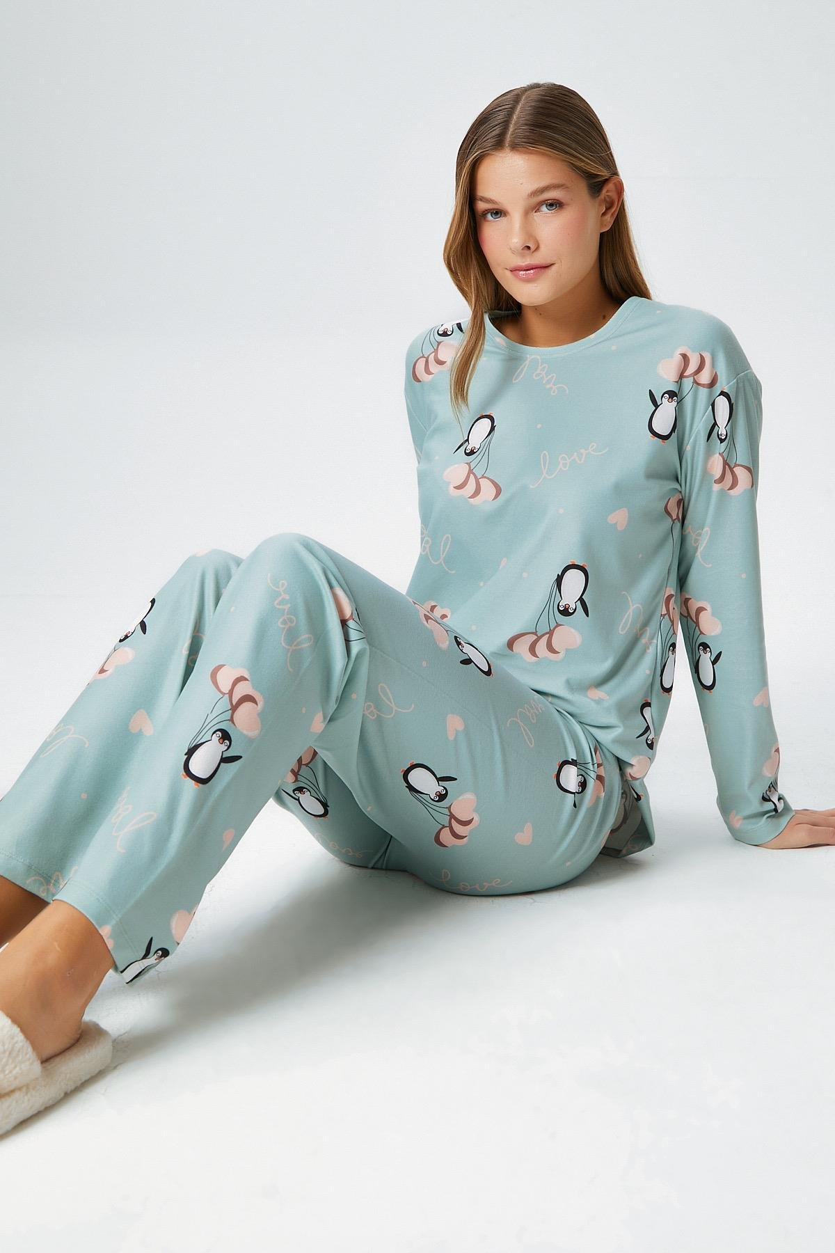 Kadın Ely Premium Bisiklet Yaka Mint Penguen Süet Doku Yılbaşı Pijama Takımı