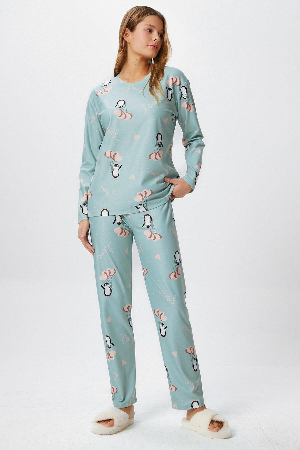 Kadın Ely Premium Bisiklet Yaka Mint Penguen Süet Doku Yılbaşı Pijama Takımı