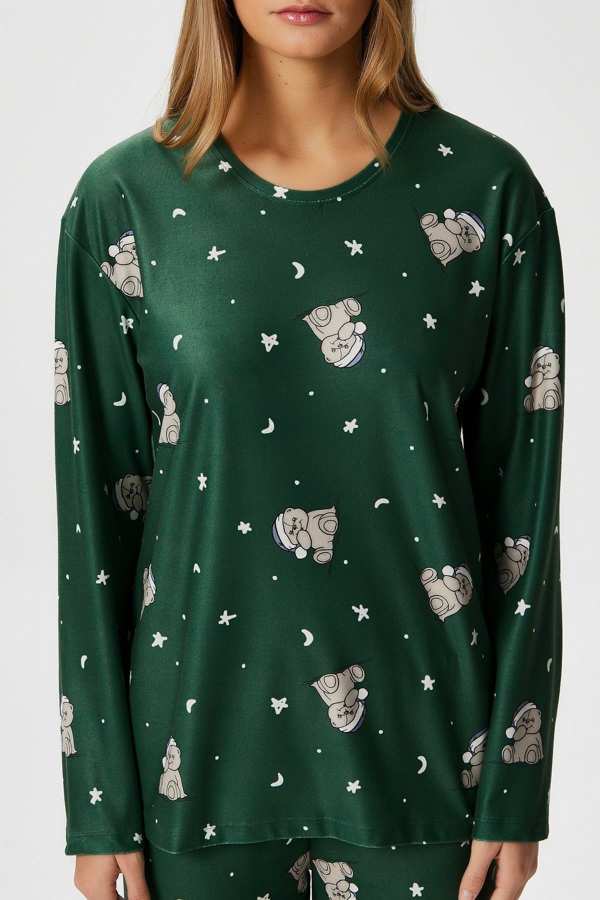 Kadın Ely Premium Bisiklet Yaka Yeşil Ayıcık Süet Doku Yılbaşı Pijama Takımı