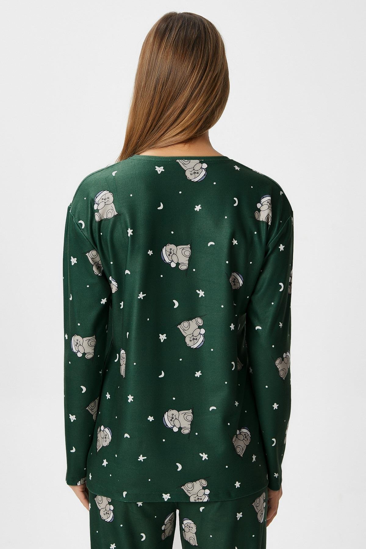 Kadın Ely Premium Bisiklet Yaka Yeşil Ayıcık Süet Doku Yılbaşı Pijama Takımı