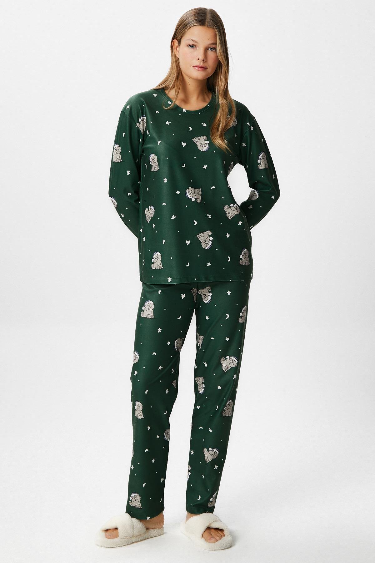 Kadın Ely Premium Bisiklet Yaka Yeşil Ayıcık Süet Doku Yılbaşı Pijama Takımı