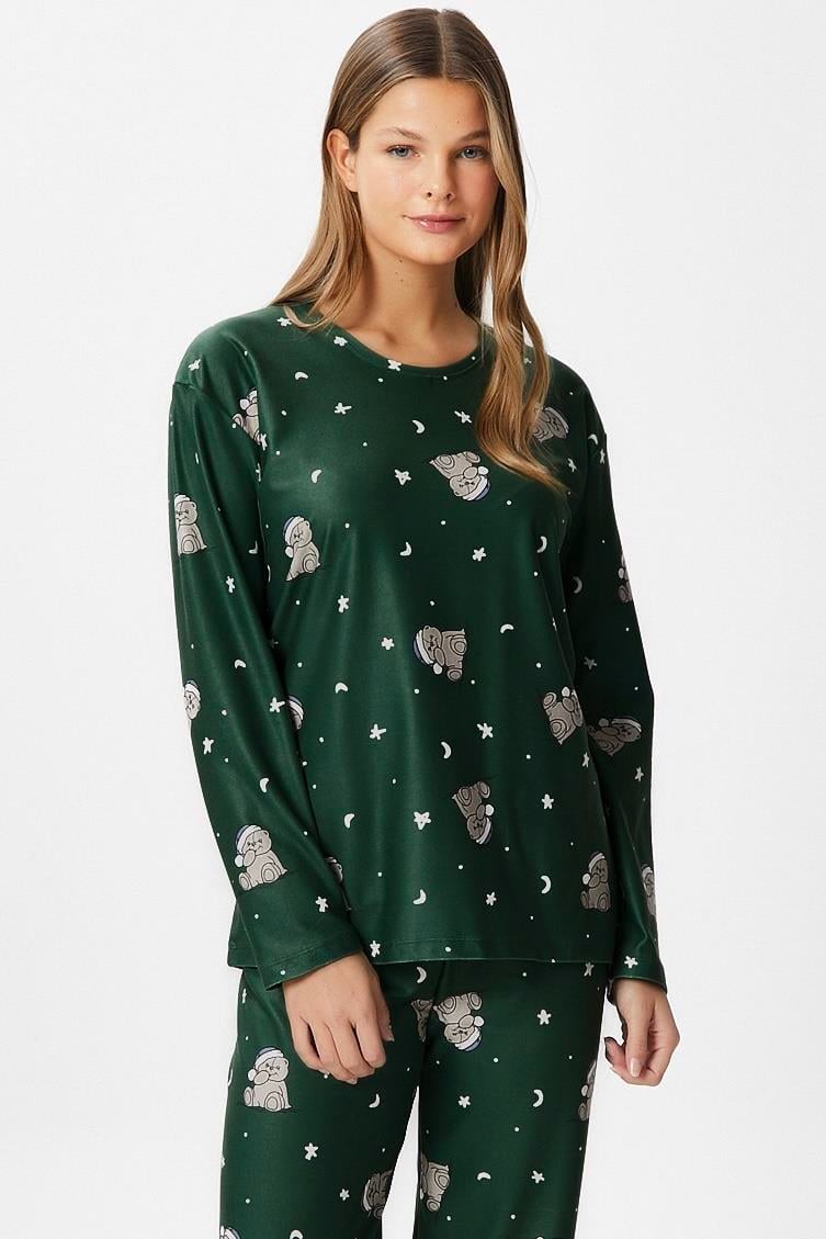 Kadın Ely Premium Bisiklet Yaka Yeşil Ayıcık Süet Doku Yılbaşı Pijama Takımı
