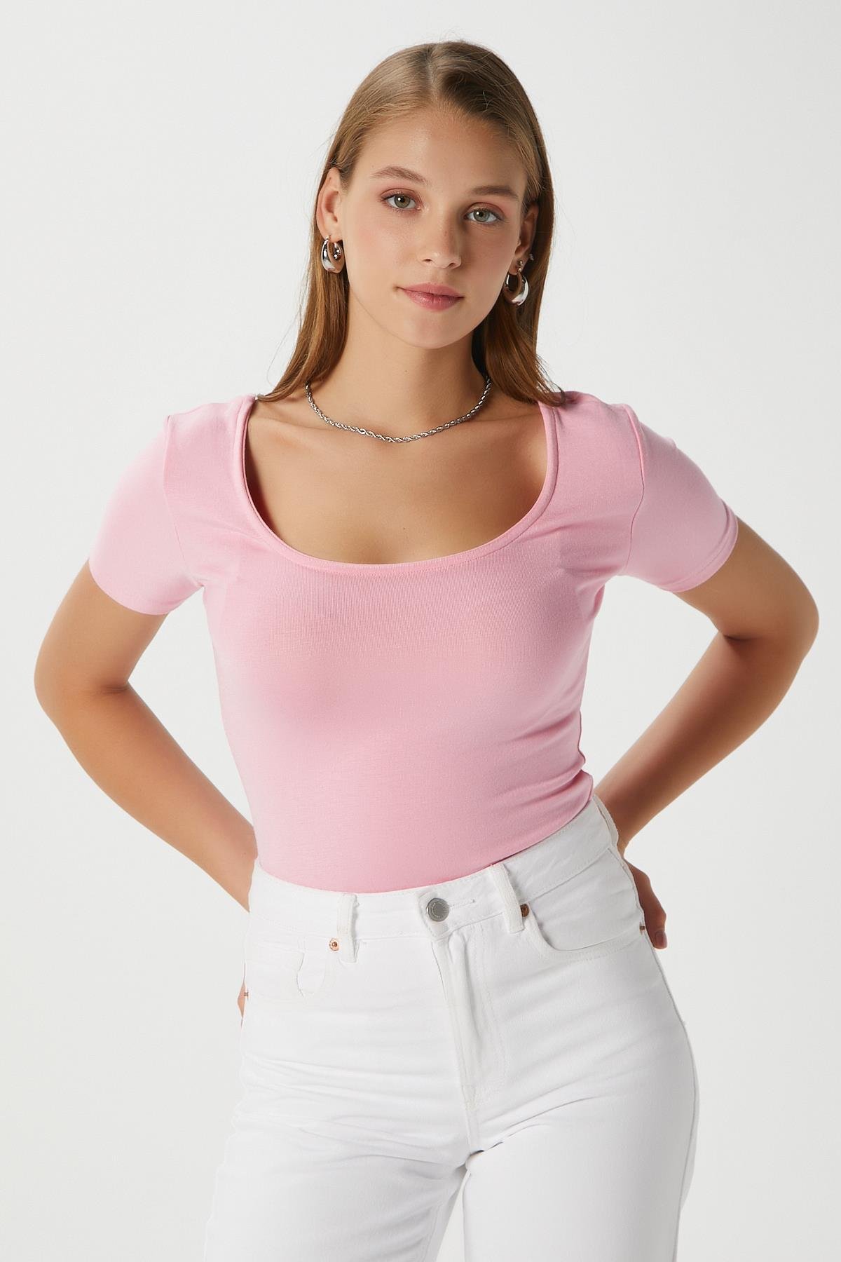 Kadın Favor Lux Touch Yumuşak Doku U yaka Pembe Bluz