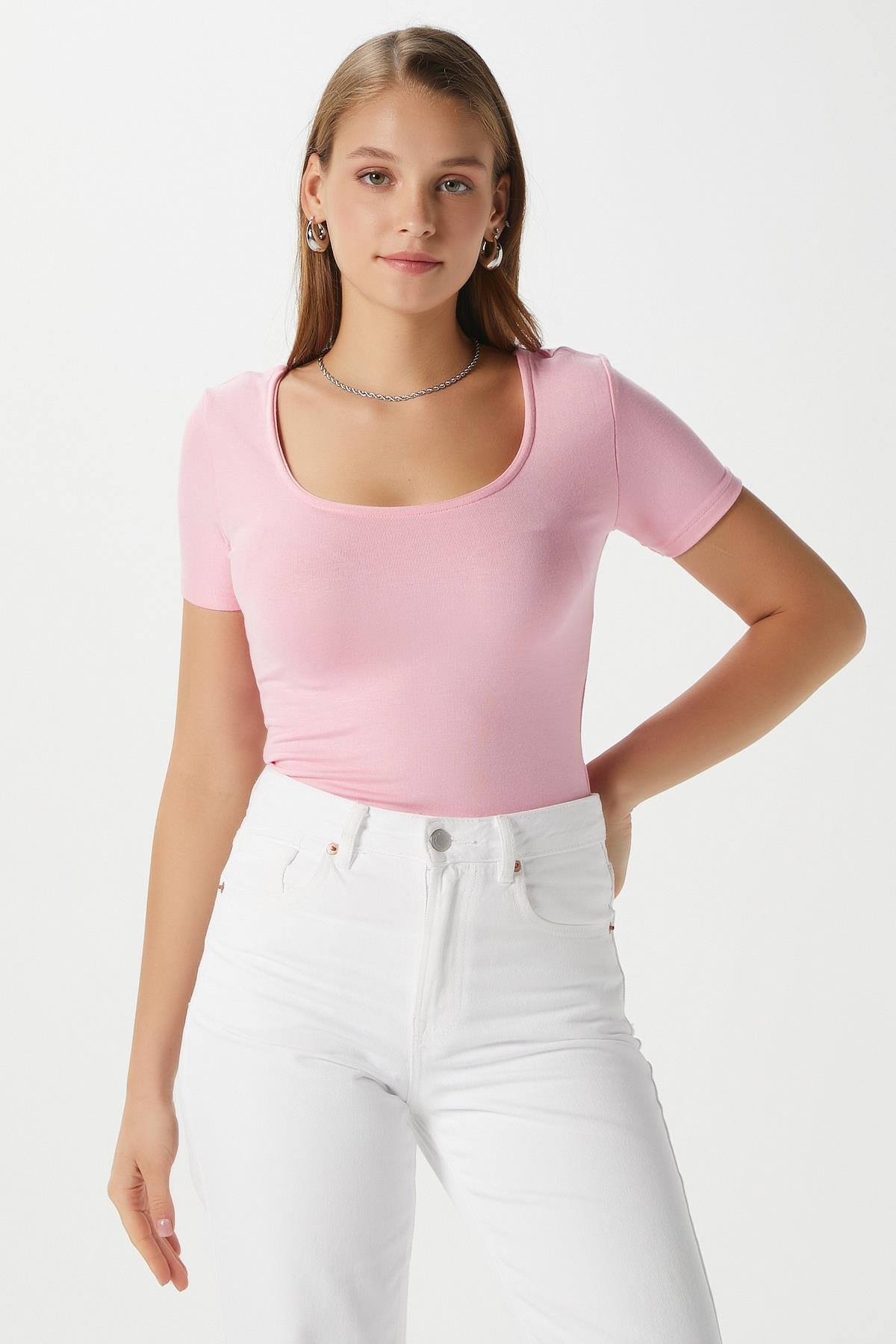 Kadın Favor Lux Touch Yumuşak Doku U yaka Pembe Bluz