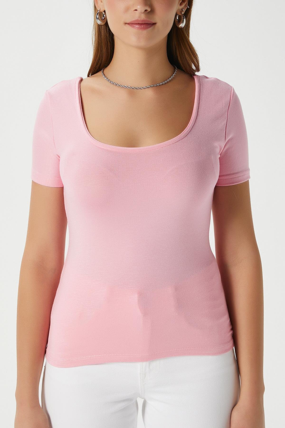 Kadın Favor Lux Touch Yumuşak Doku U yaka Pembe Bluz