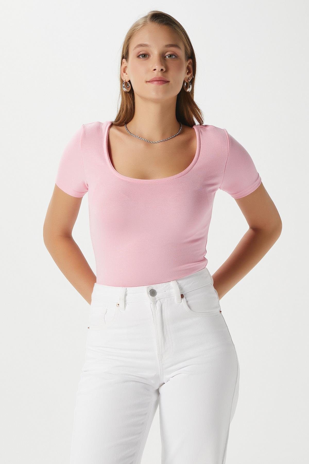 Kadın Favor Lux Touch Yumuşak Doku U yaka Pembe Bluz