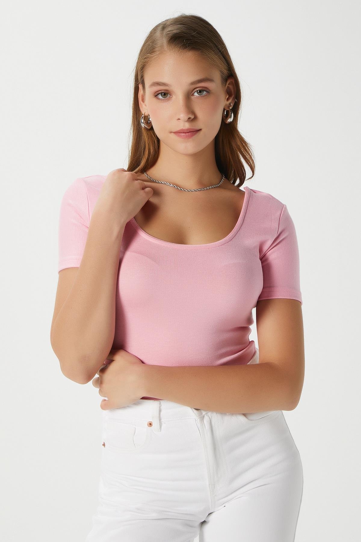 Kadın Favor Lux Touch Yumuşak Doku U yaka Pembe Bluz