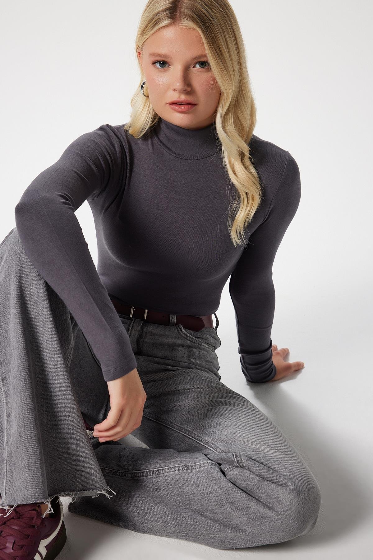 Kadın Feel Lux Touch Dik Yaka Antrasit Uzun Kol Soft Bluz