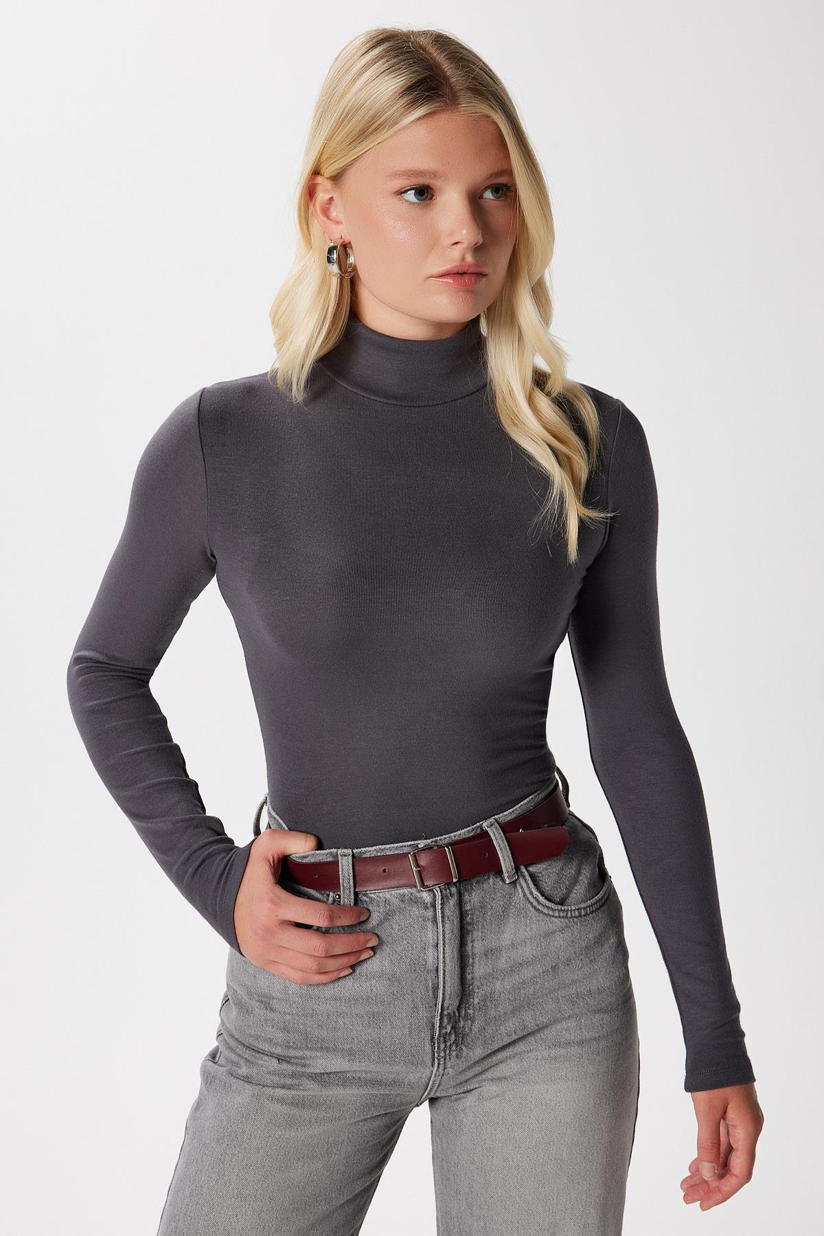 Kadın Feel Lux Touch Dik Yaka Antrasit Uzun Kol Soft Bluz