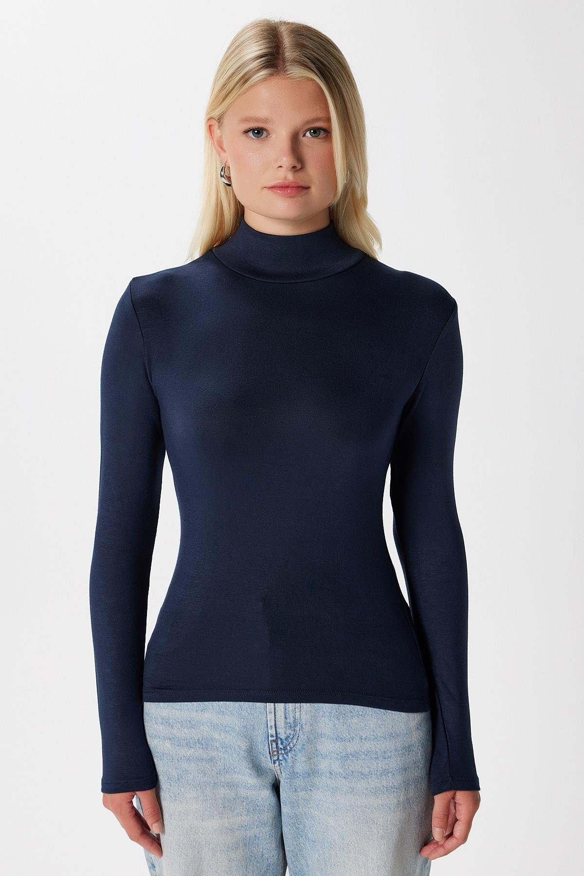 Kadın Feel Lux Touch Dik Yaka Lacivert Uzun Kol Soft Bluz