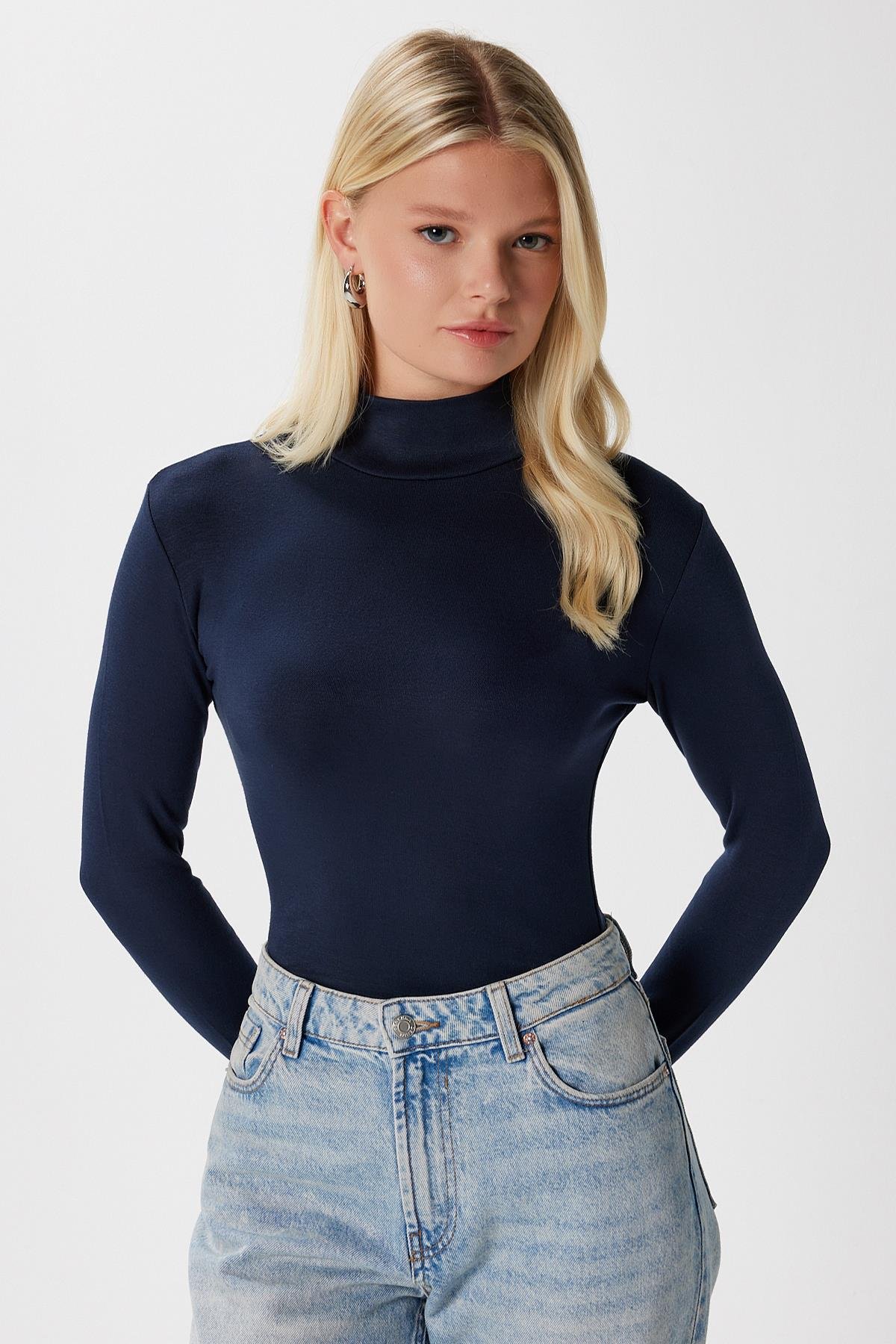 Kadın Feel Lux Touch Dik Yaka Lacivert Uzun Kol Soft Bluz