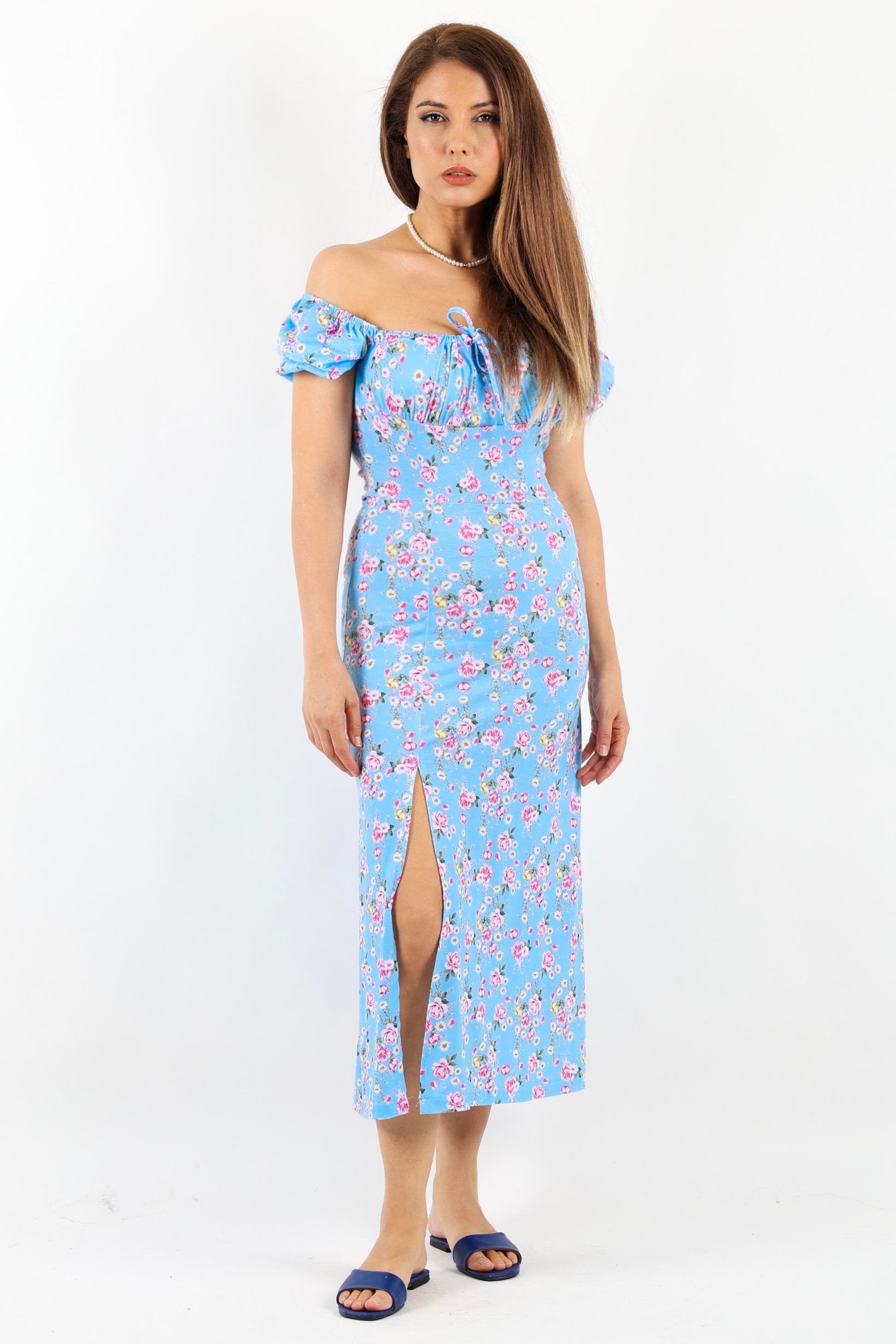 Kadın Gardenya Mavi Çiçekli Elbise