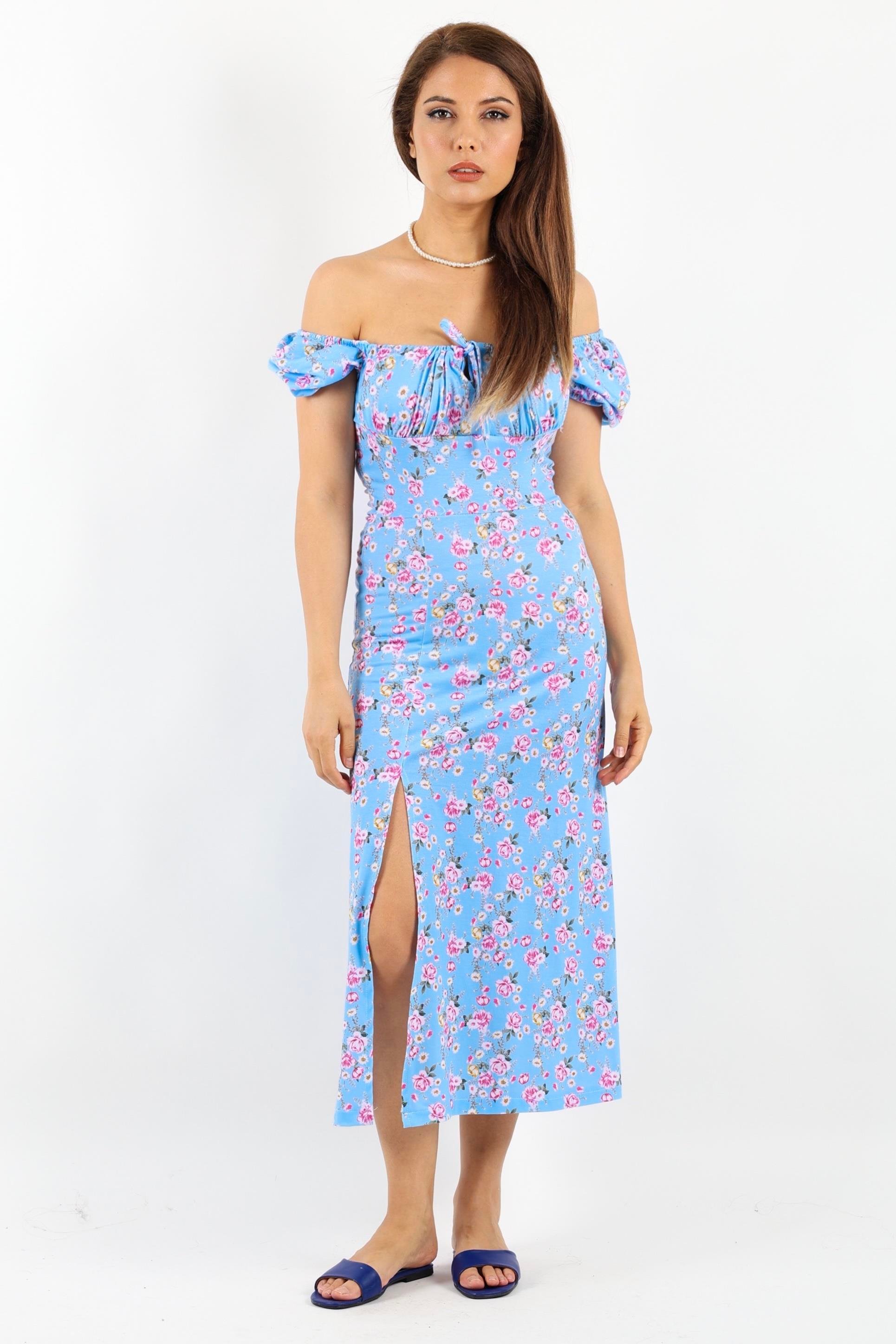 Kadın Gardenya Mavi Çiçekli Elbise