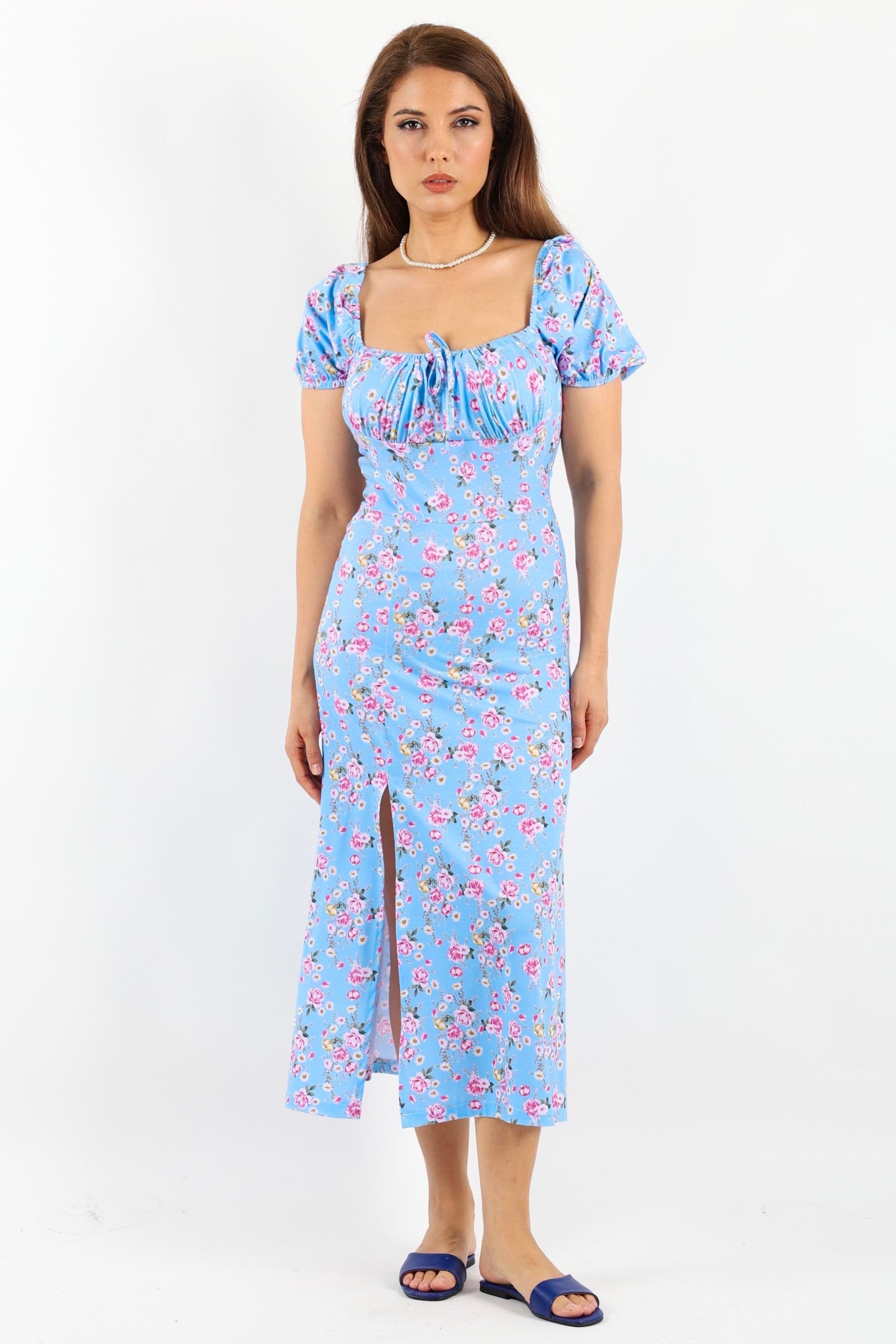 Kadın Gardenya Mavi Çiçekli Elbise