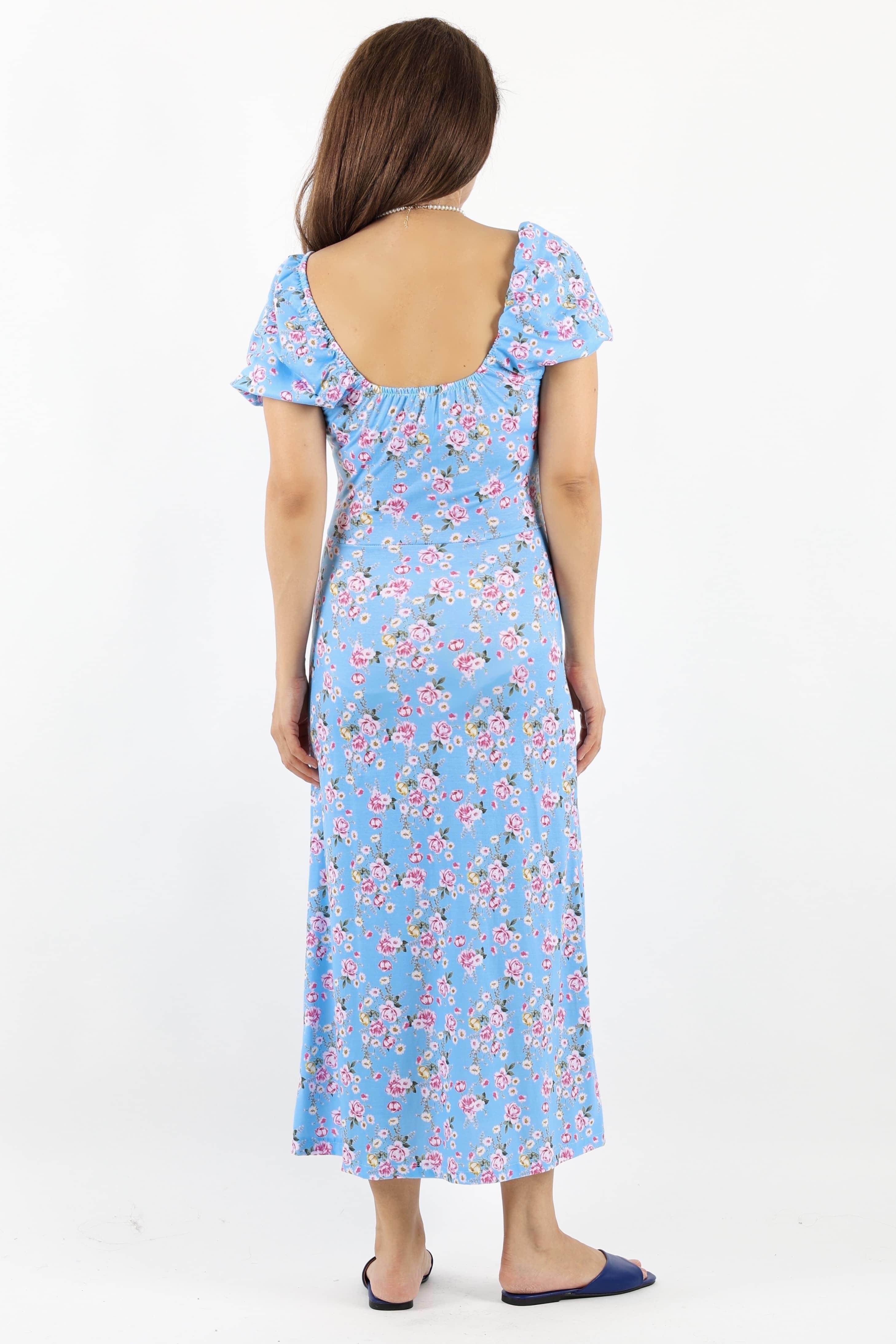 Kadın Gardenya Mavi Çiçekli Elbise