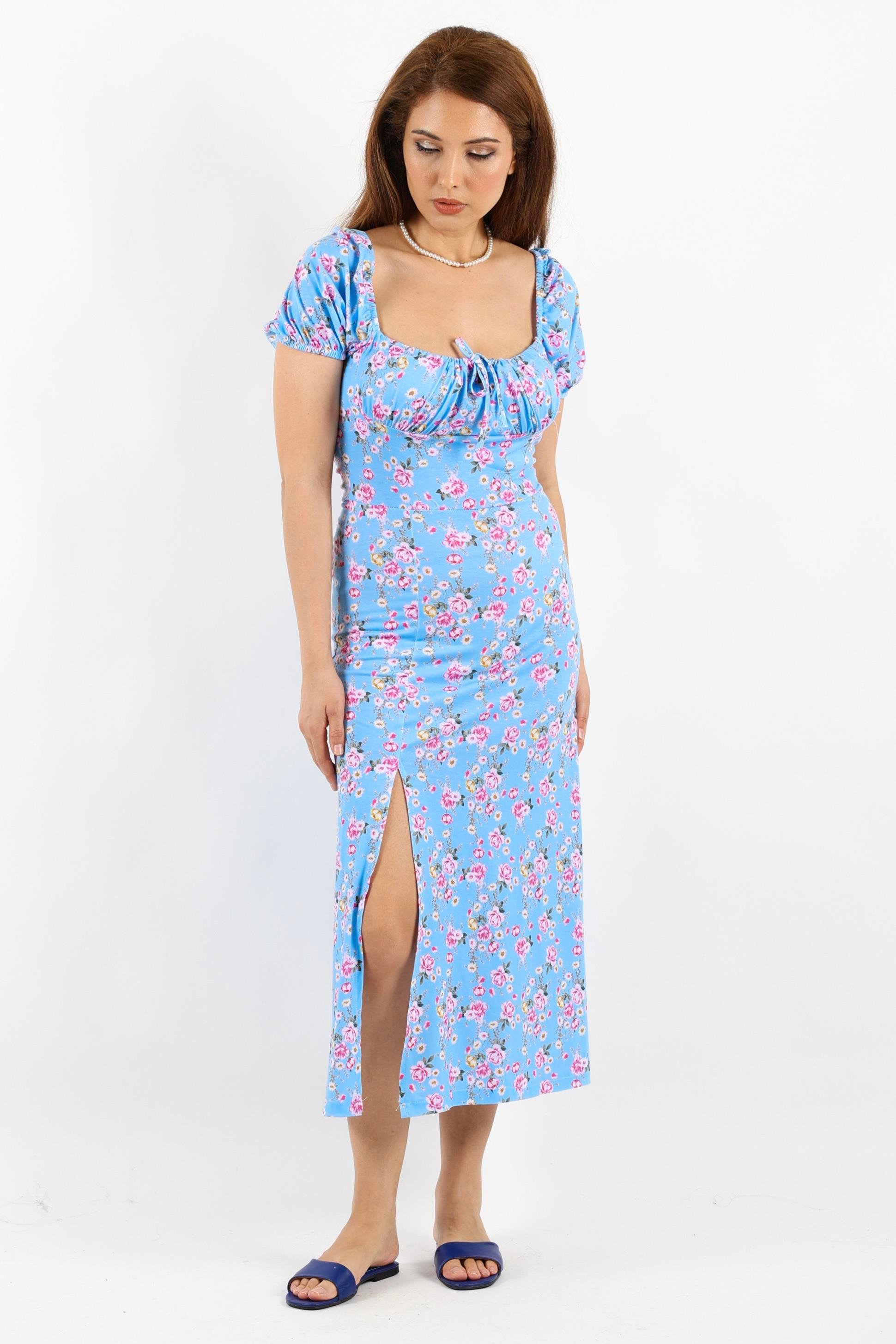 Kadın Gardenya Mavi Çiçekli Elbise