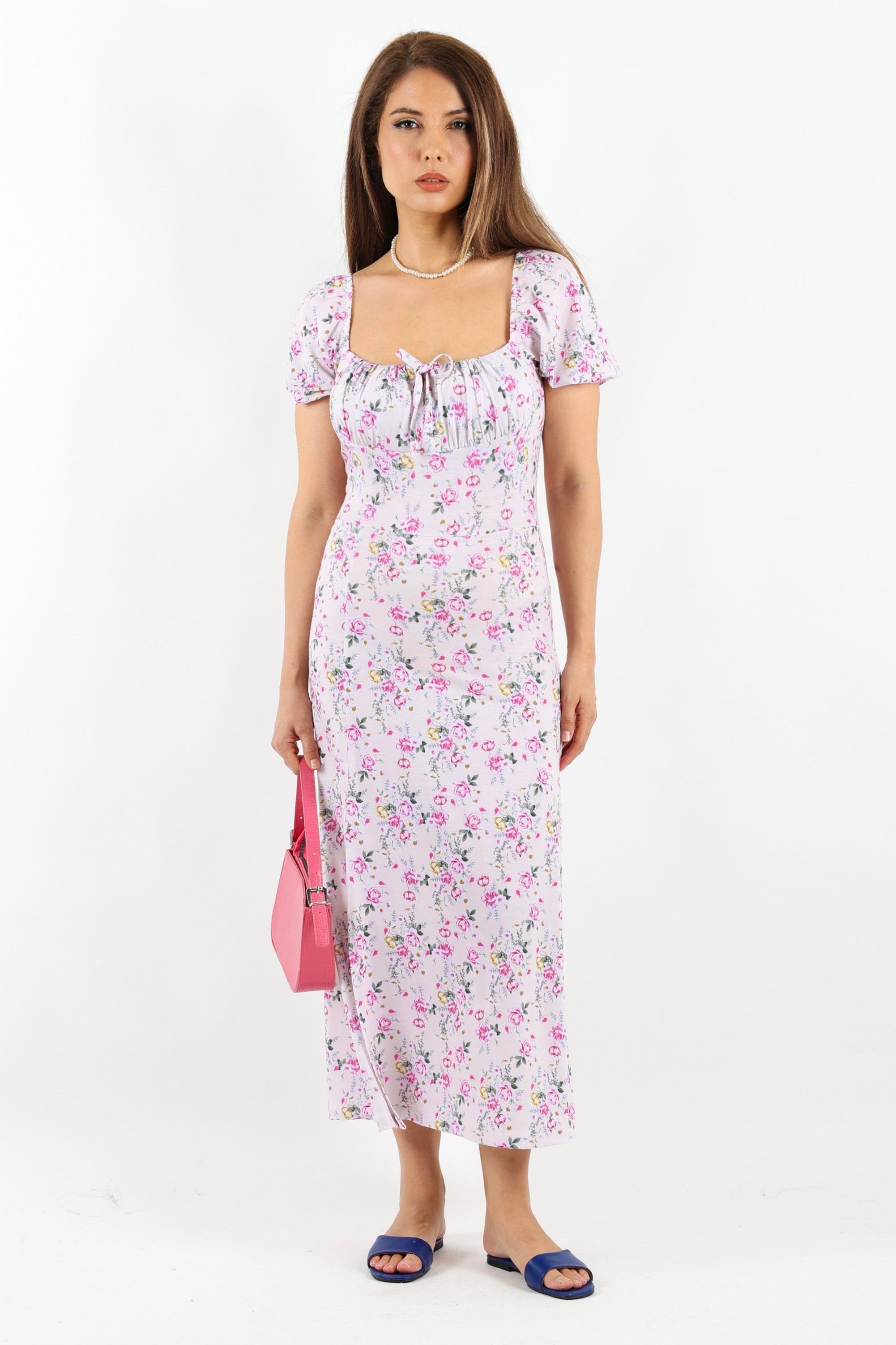 Kadın Gardenya Pembe Bej Çiçekli Elbise