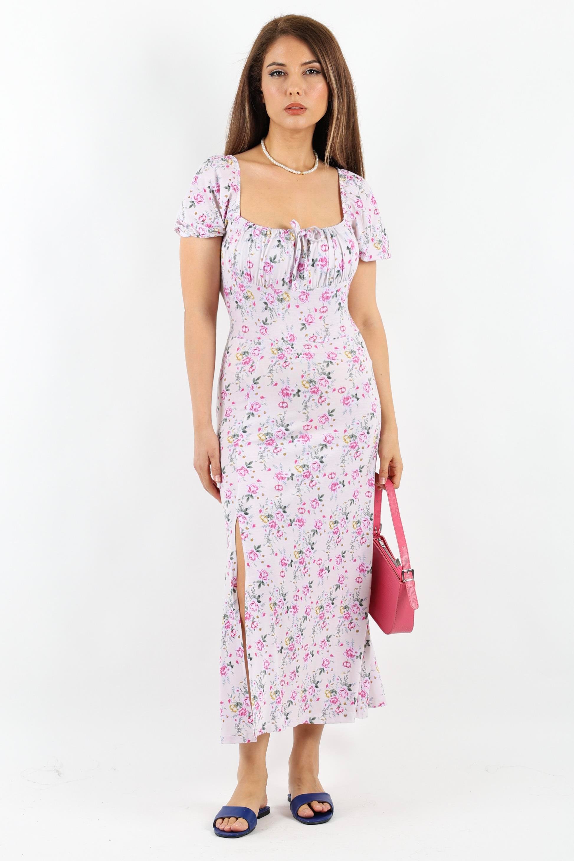 Kadın Gardenya Pembe Bej Çiçekli Elbise