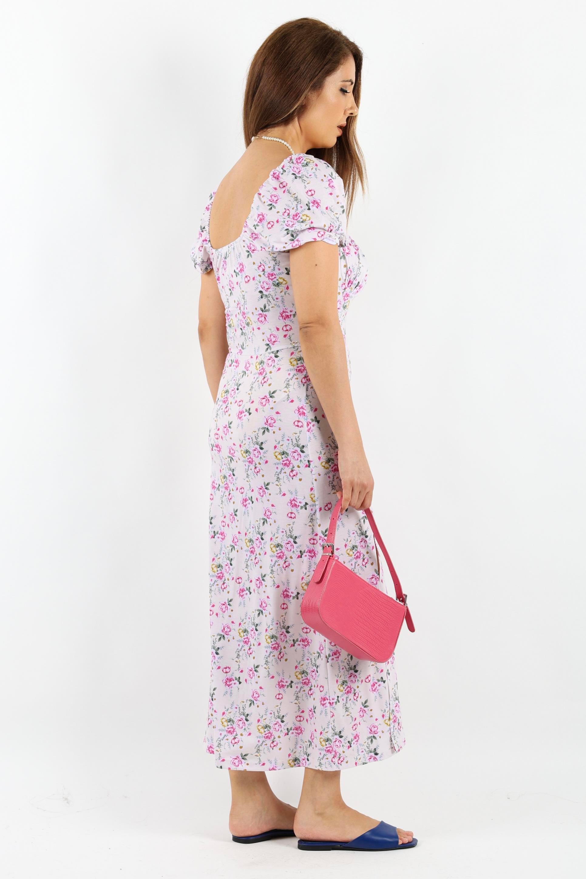 Kadın Gardenya Pembe Bej Çiçekli Elbise