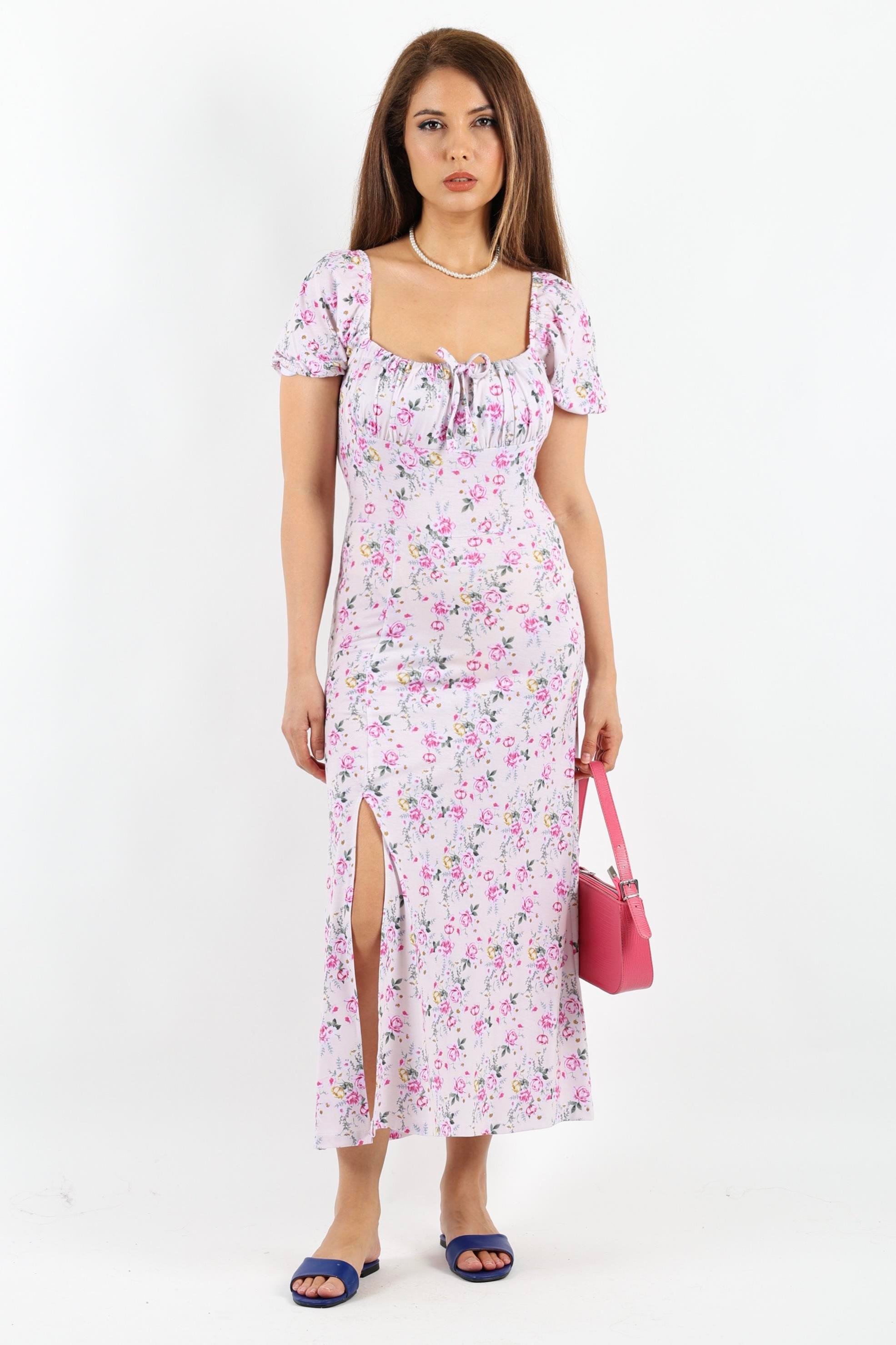 Kadın Gardenya Pembe Bej Çiçekli Elbise