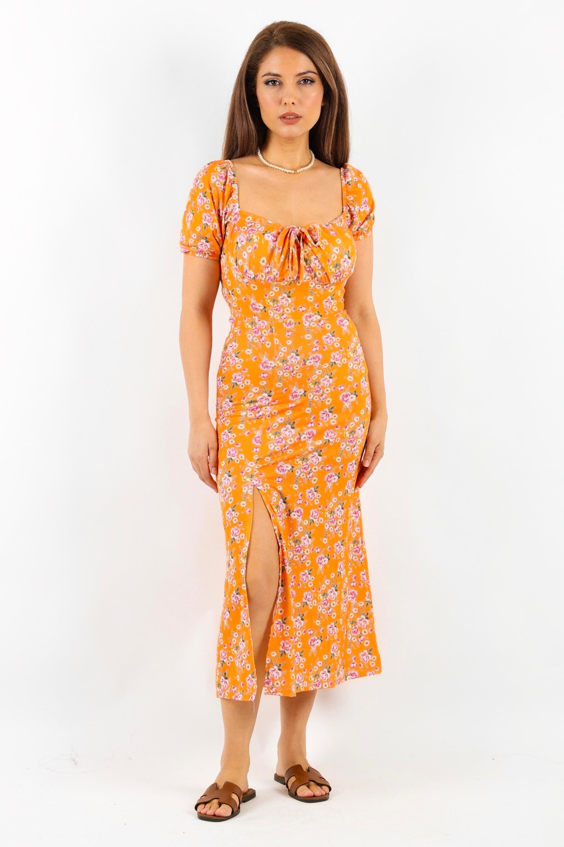 Kadın Gardenya Turuncu Pembe Çiçekli Elbise