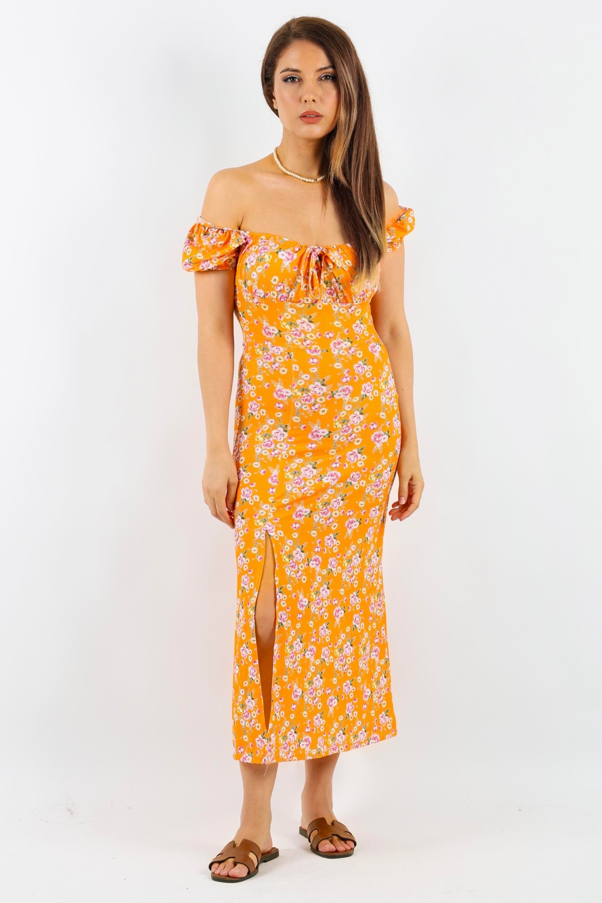 Kadın Gardenya Turuncu Pembe Çiçekli Elbise