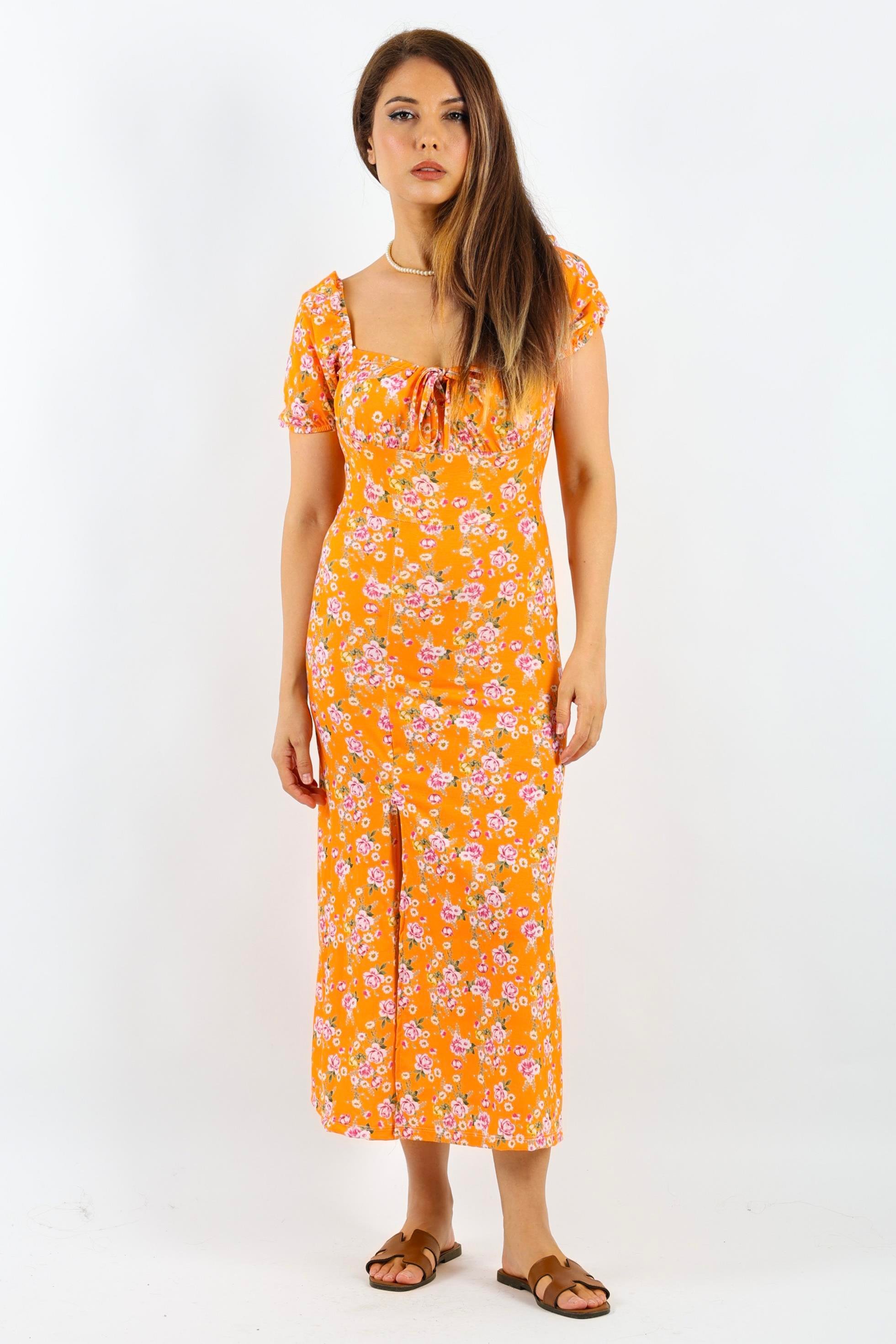 Kadın Gardenya Turuncu Pembe Çiçekli Elbise