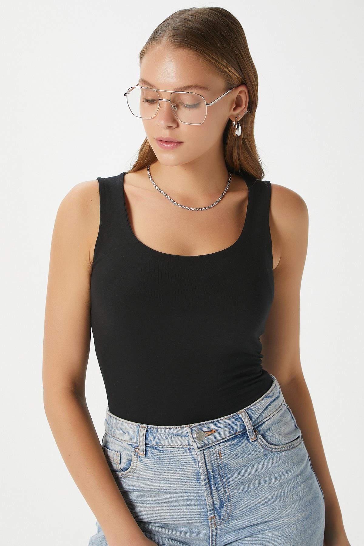 Kadın Glossy %100 Pamuk Siyah Bluz