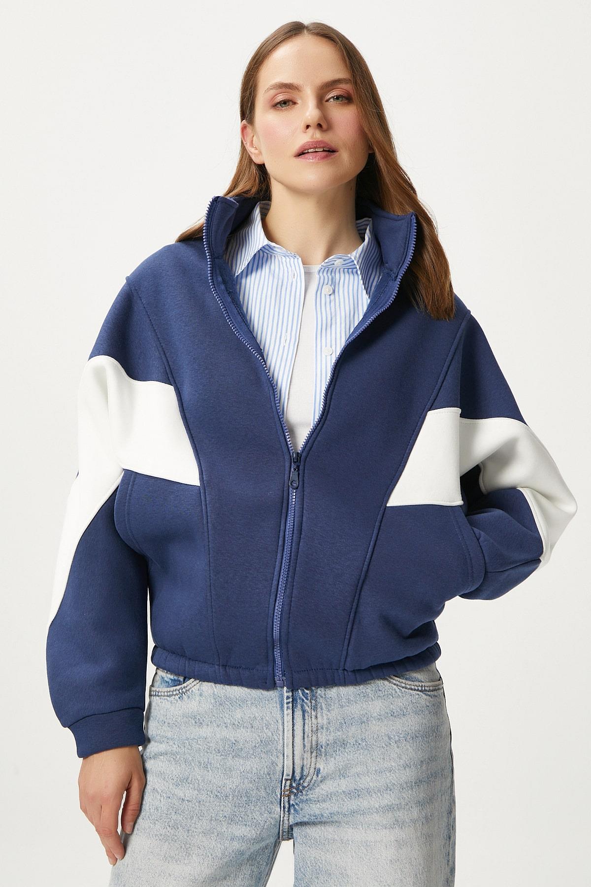 Kadın Gorce Fermuarlı Dik Yaka Lacivert Oversize Sweatshirt