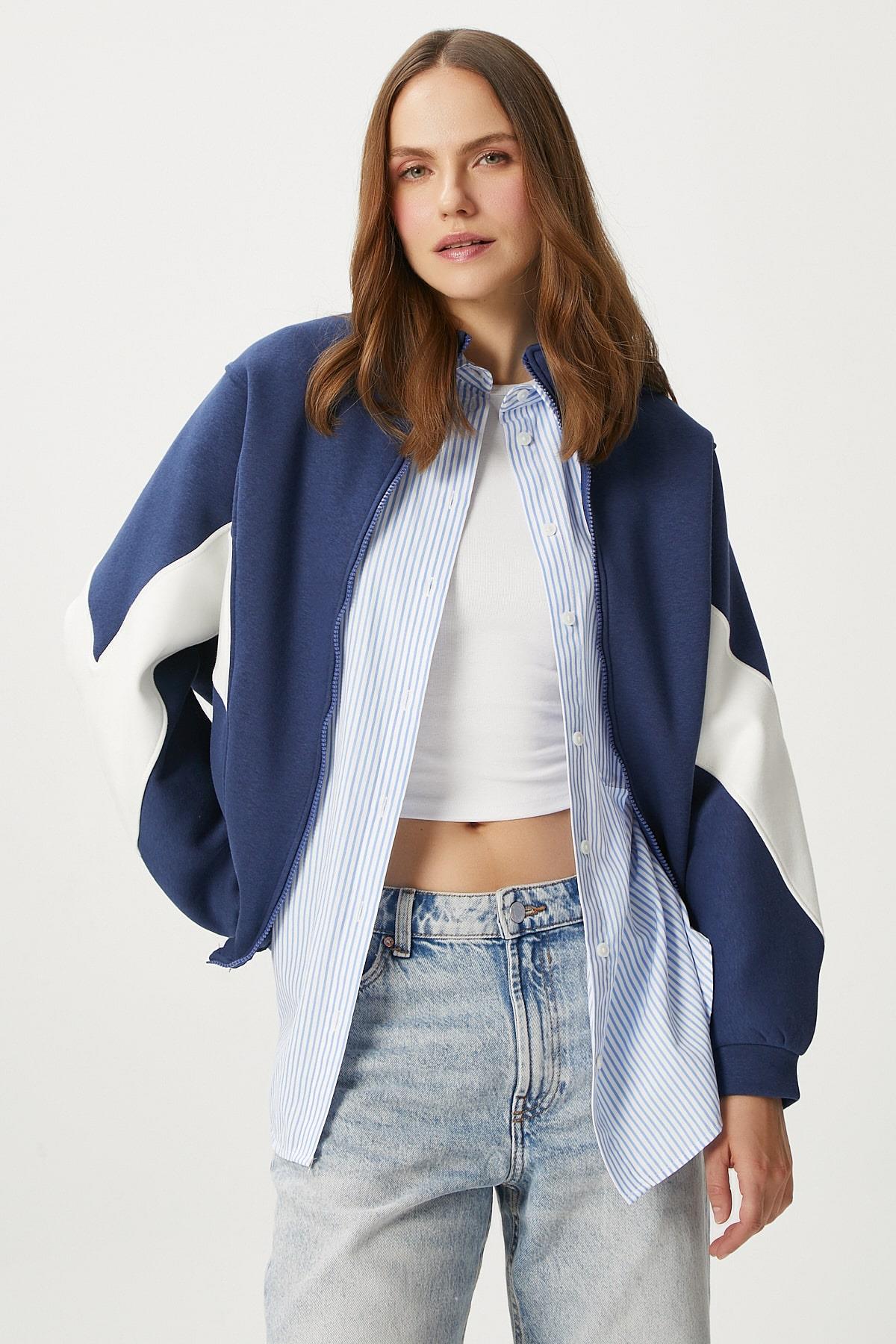 Kadın Gorce Fermuarlı Dik Yaka Lacivert Oversize Sweatshirt