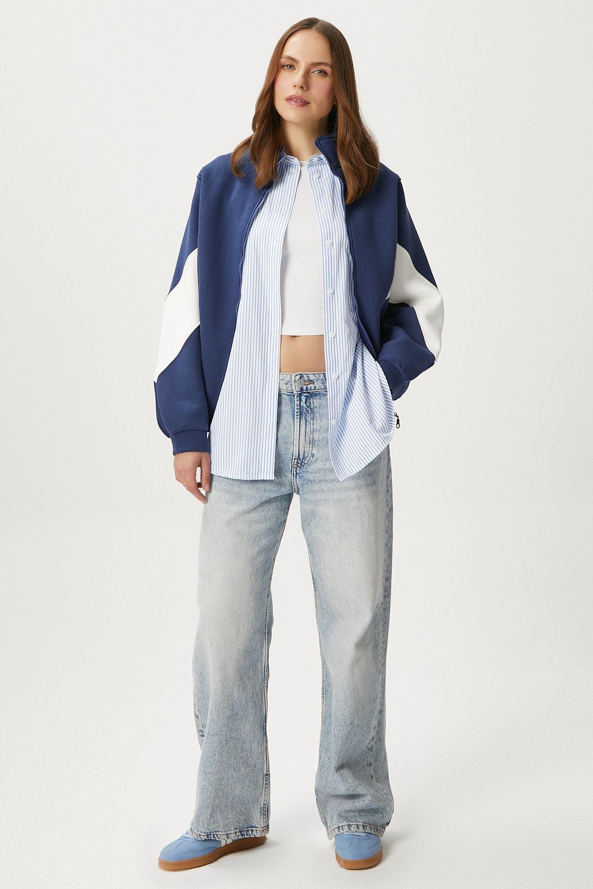 Kadın Gorce Fermuarlı Dik Yaka Lacivert Oversize Sweatshirt