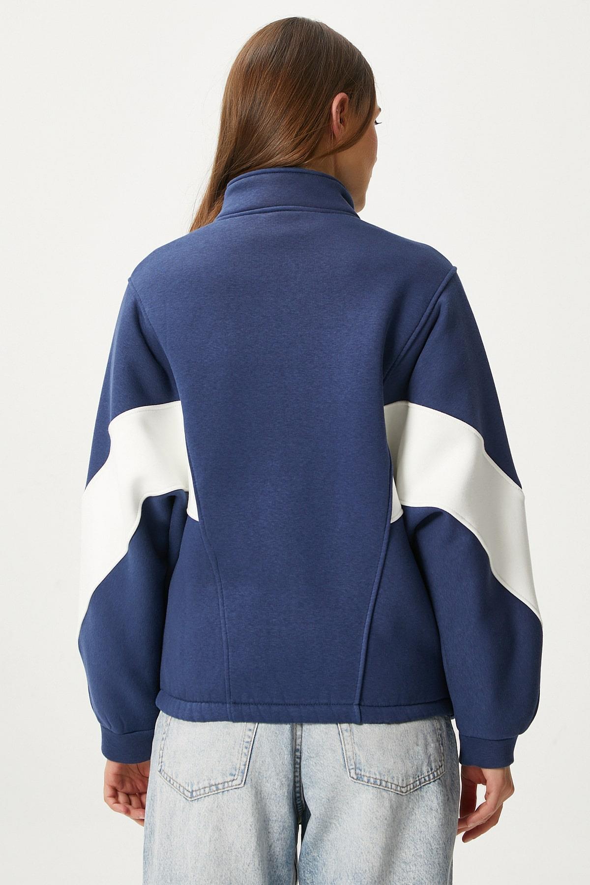 Kadın Gorce Fermuarlı Dik Yaka Lacivert Oversize Sweatshirt