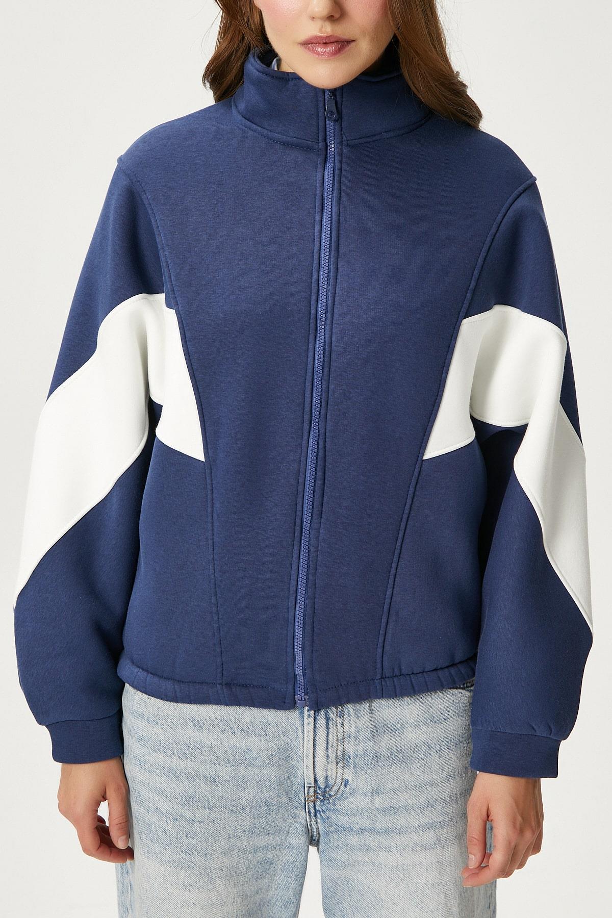 Kadın Gorce Fermuarlı Dik Yaka Lacivert Oversize Sweatshirt