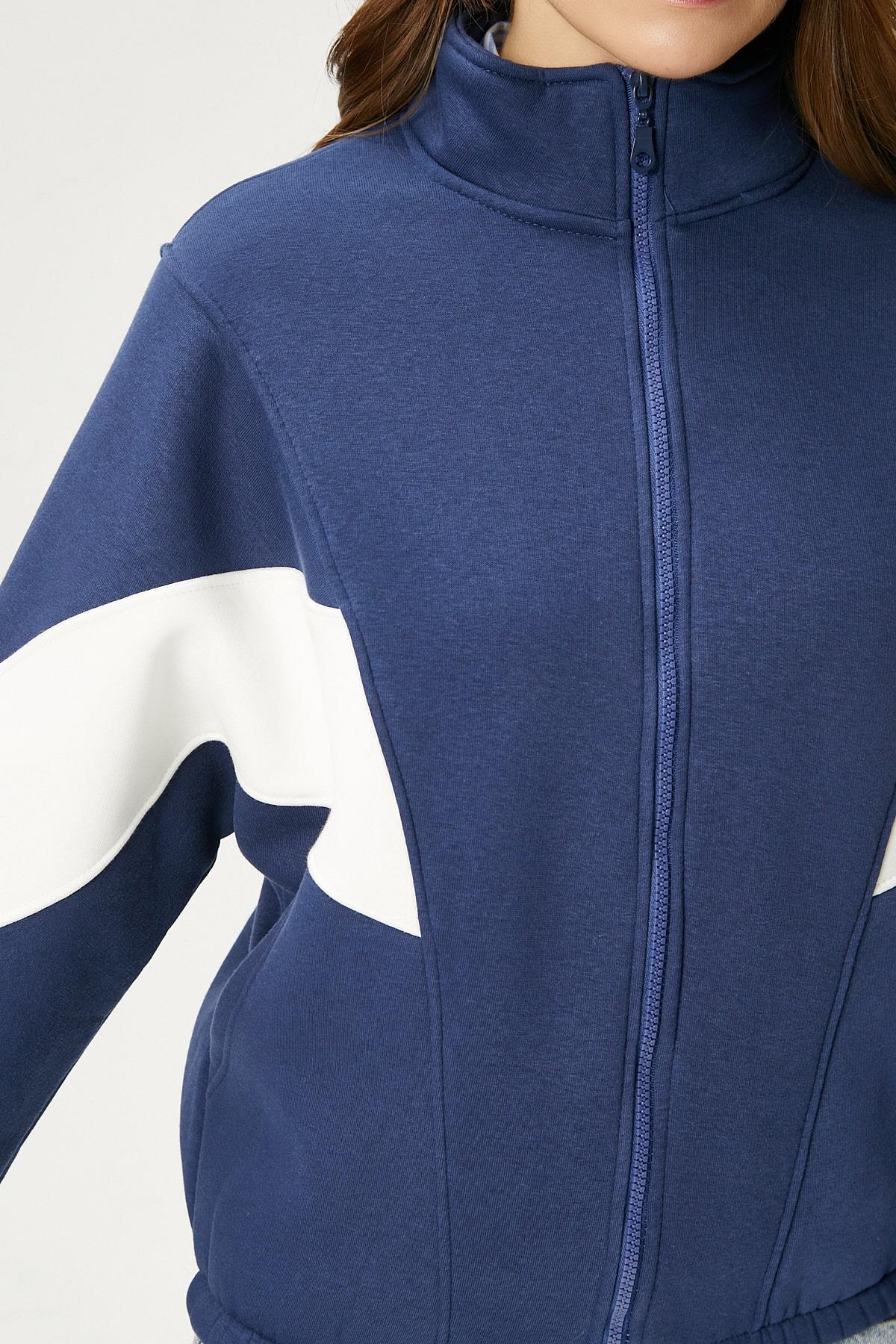 Kadın Gorce Fermuarlı Dik Yaka Lacivert Oversize Sweatshirt