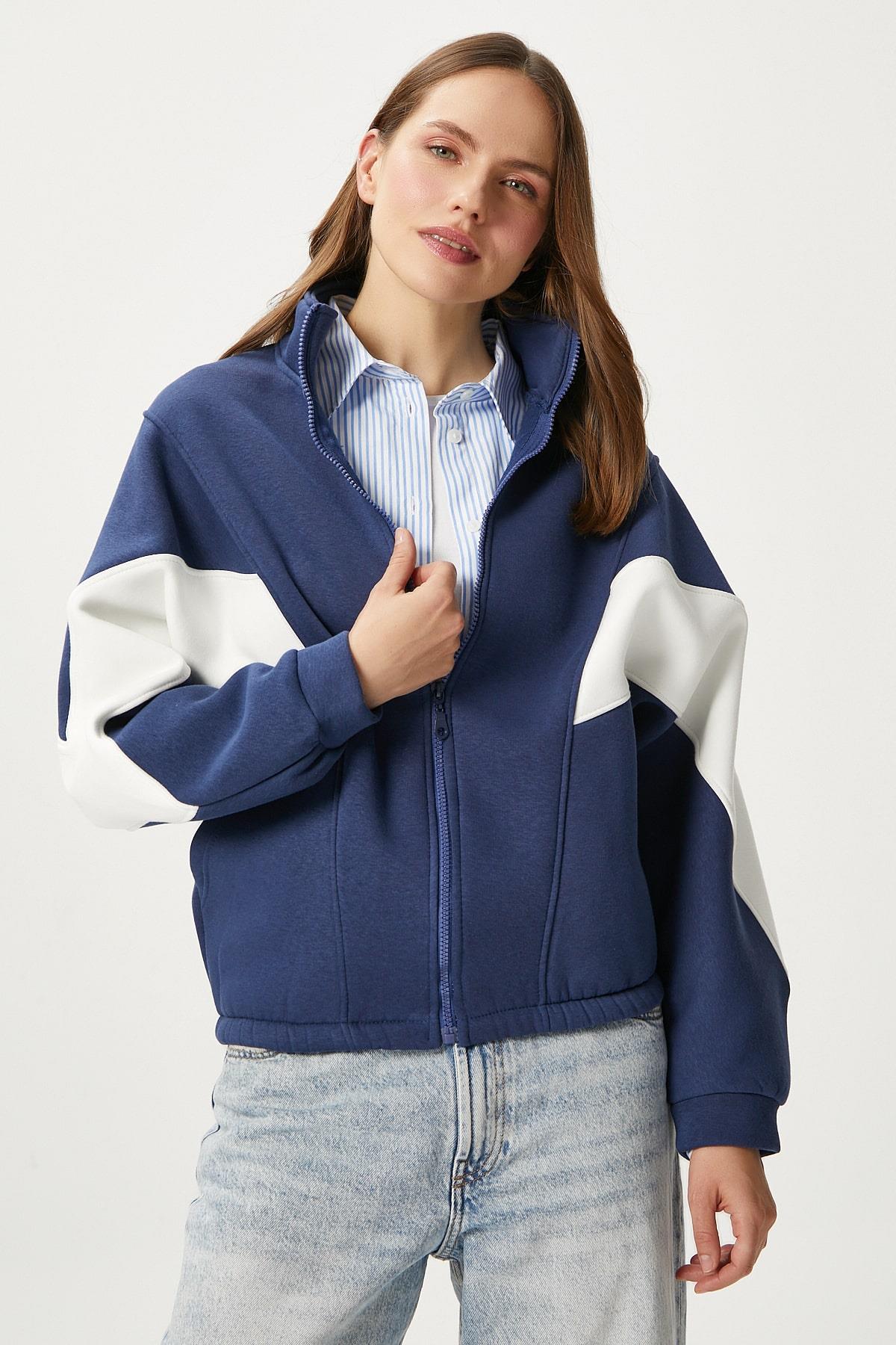 Kadın Gorce Fermuarlı Dik Yaka Lacivert Oversize Sweatshirt