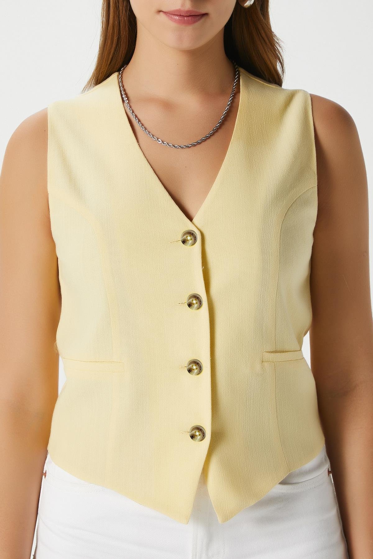 Kadın Hera Keten Pamuk Astarlı Sarı Yelek