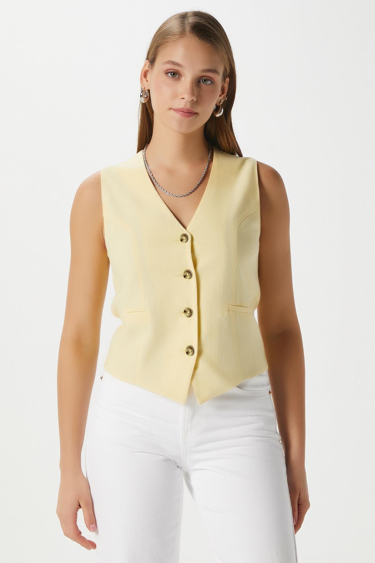 Kadın Hera Keten Pamuk Astarlı Sarı Yelek