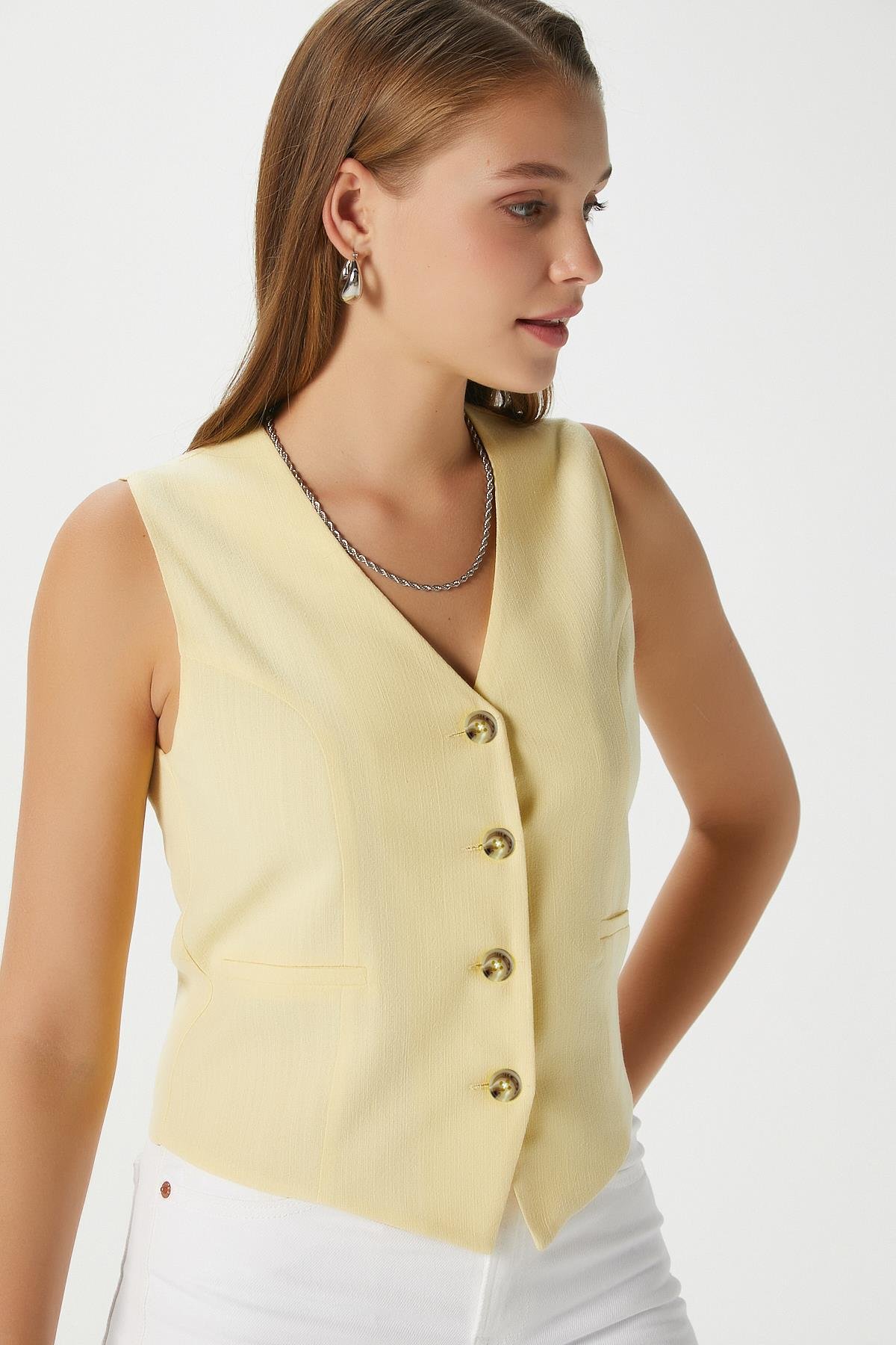 Kadın Hera Keten Pamuk Astarlı Sarı Yelek
