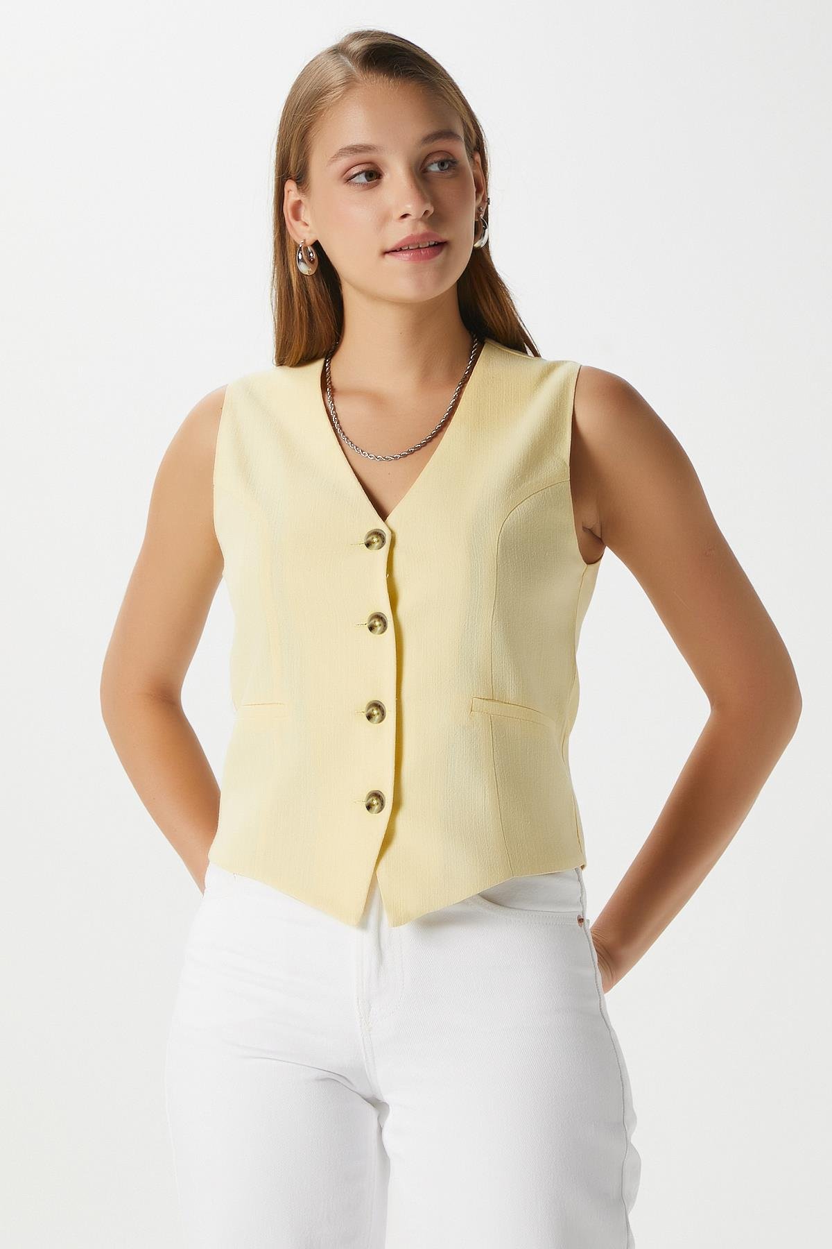 Kadın Hera Keten Pamuk Astarlı Sarı Yelek