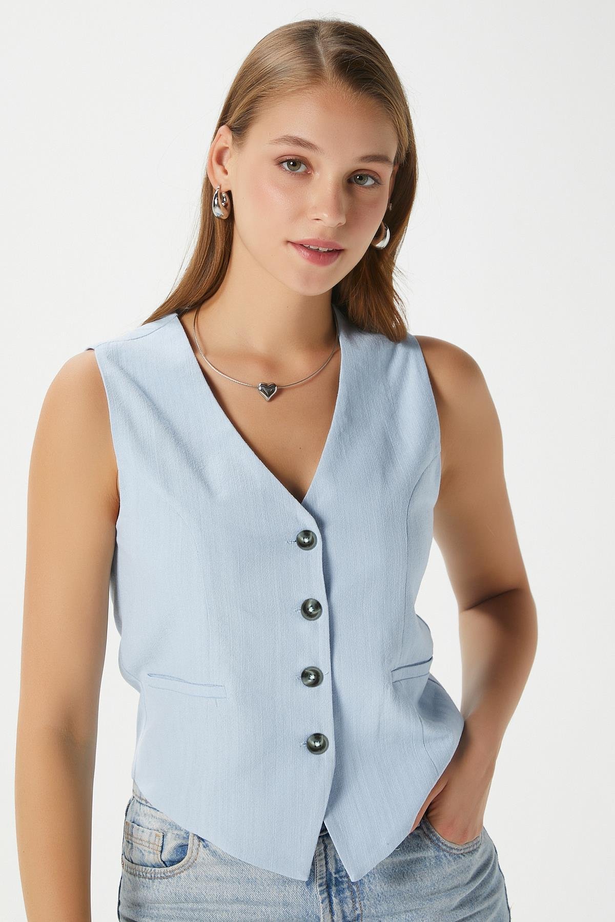 Kadın Hera Pamuk Astarlı Mavi Keten Yelek