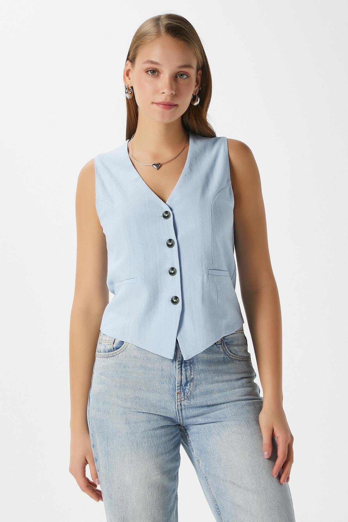 Kadın Hera Pamuk Astarlı Mavi Keten Yelek