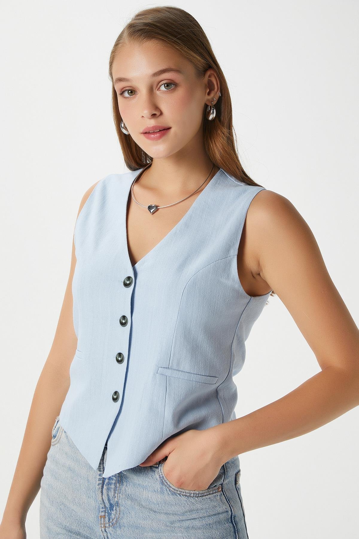 Kadın Hera Pamuk Astarlı Mavi Keten Yelek