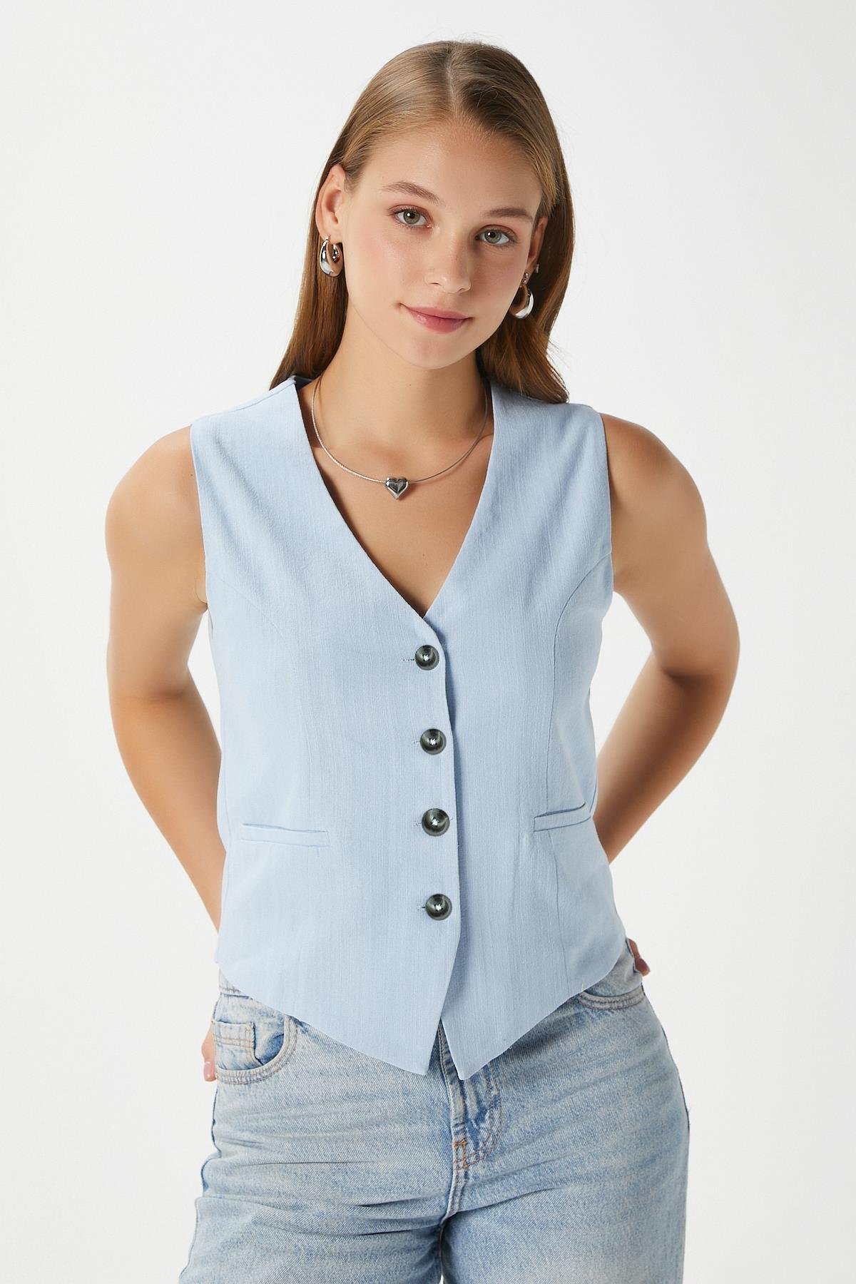 Kadın Hera Pamuk Astarlı Mavi Keten Yelek