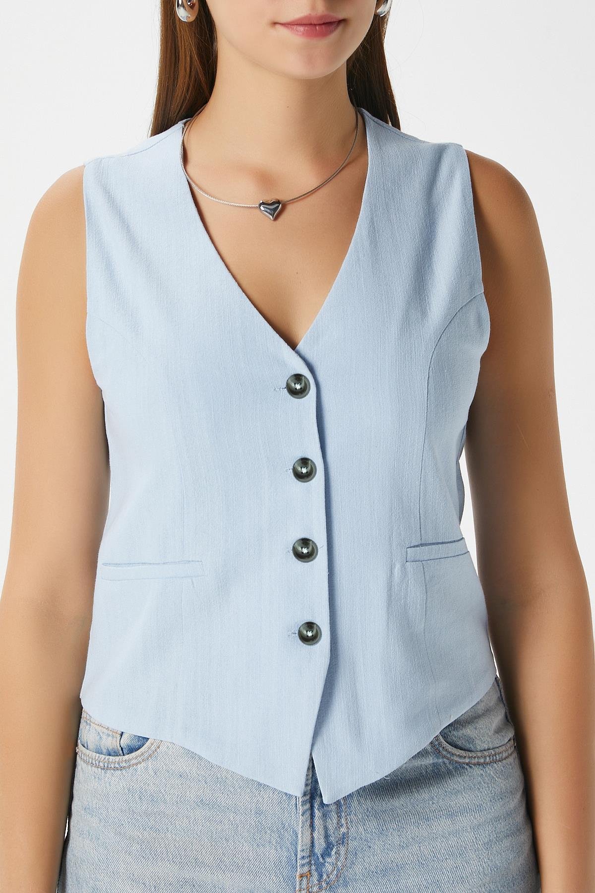 Kadın Hera Pamuk Astarlı Mavi Keten Yelek