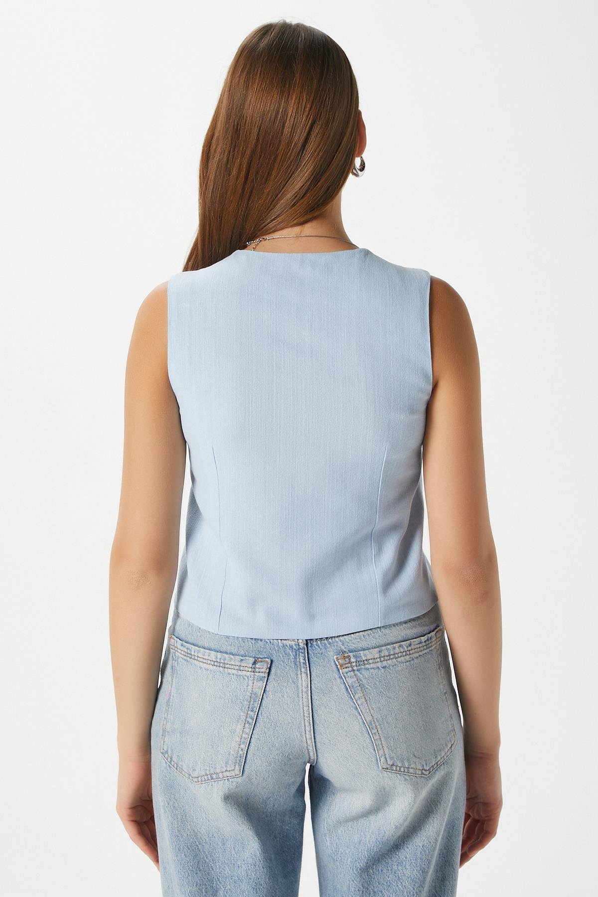 Kadın Hera Pamuk Astarlı Mavi Keten Yelek